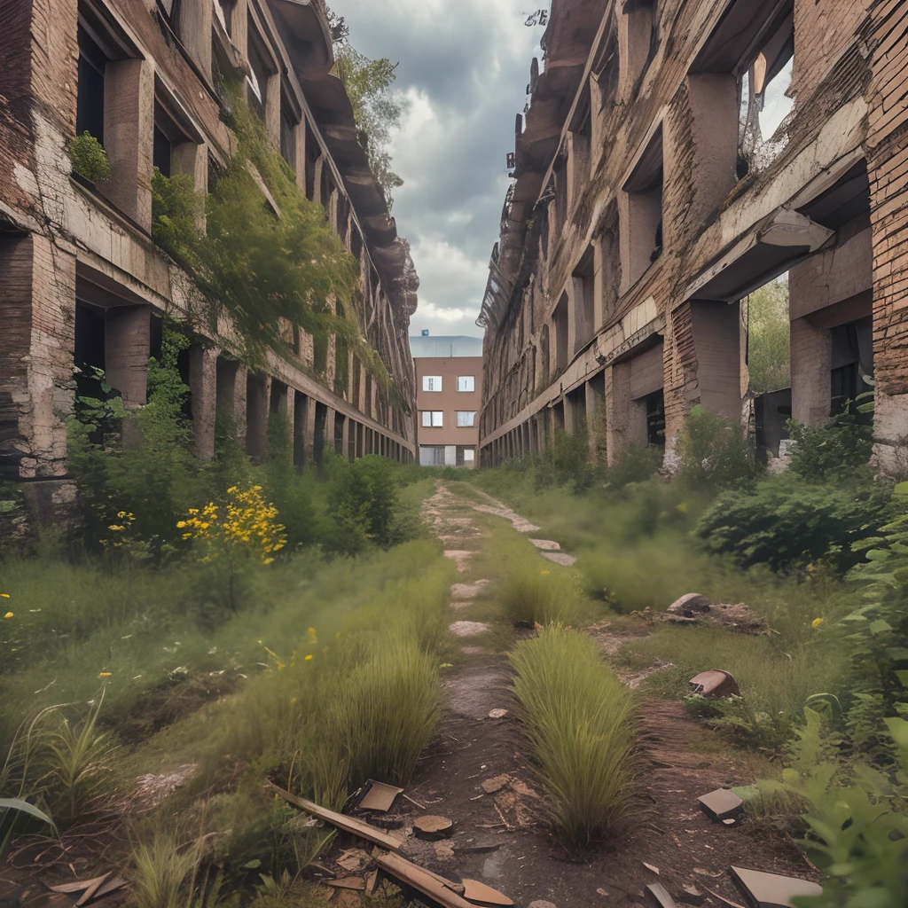 Old factory, Abandoned factory, letho, grass, Clear skies, cirrus clouds, Old trees, dense shrub, Broken glass, Garbage on the ground, Bushes are everywhere, A lot of bushes, Birch forest, Storm clouds, Storm clouds, Detailed photo, Post-Soviet space, Ruins of the factory, A ruined factory, old building, Photo of the destroyed plant, overgrown asphalt road, grass grows through a crack in the road