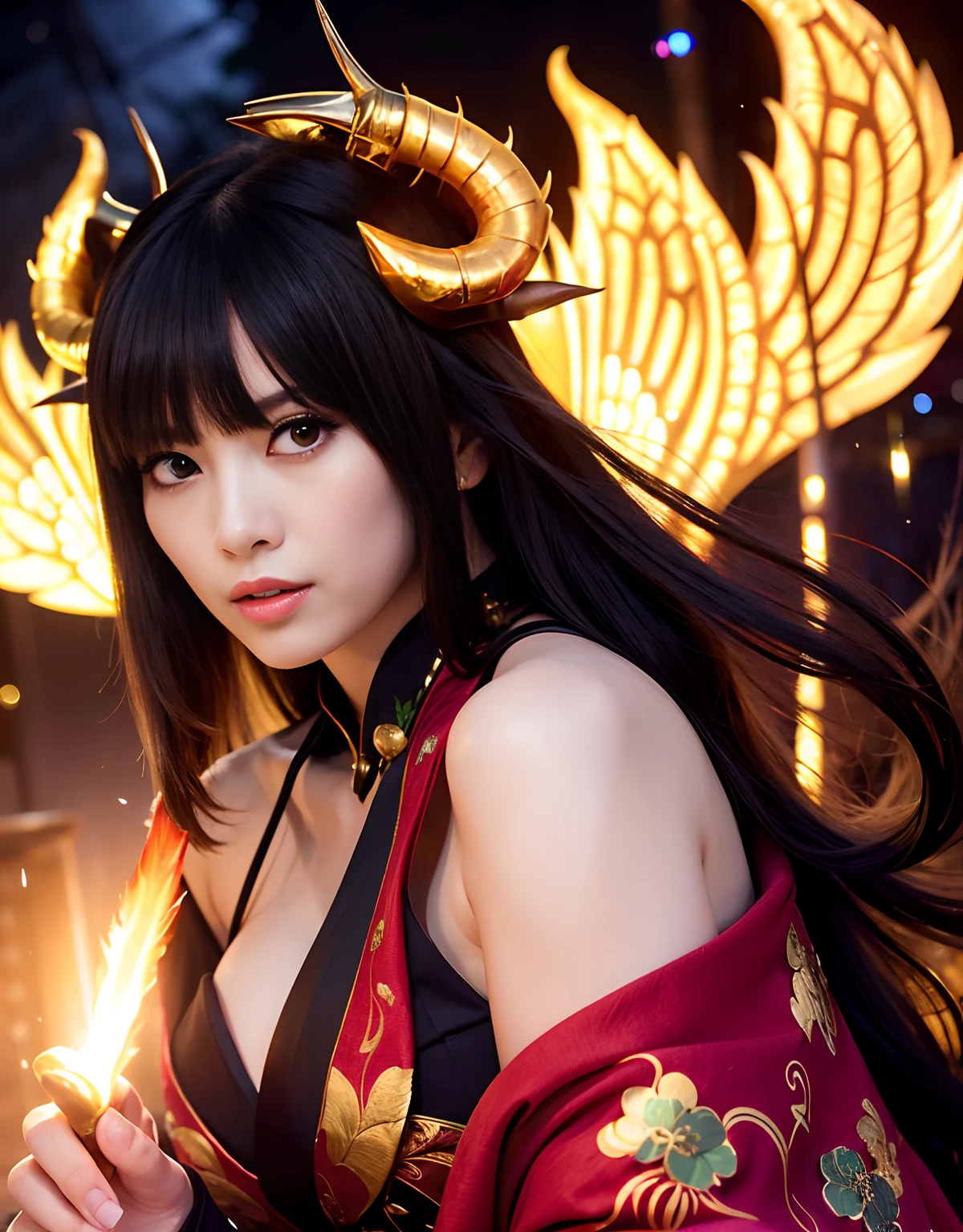 ((White ghost flies)),Professional , masterpiece、top-quality、photos realistic , depth of fields 、(Various poses)、(Background of cherry blossoms in full bloom),(Ultimate Beauty)、A dark-haired、(Fight ninjas)、(Kimono with scary pattern)、(Night background)、((Devil's Wings Grow)),(Wear a kimono with a horror pattern),(Wearing a beautiful kimono with colorful scary patterns)、Jewel Gold Weapon、Particles of light),(Has a devil's mask)、Gorgeous gold weapons ,Skeleton population、(( Gorgeous Dragon Sword)) , (a dark night),,(White ghost flies) 、((Black Haired Beautiful Girl))、(Castle background)、(demonic wings)、((Gangle's forest background))、Beautiful Caucasian beauty、1a person、dynamic ungle,(((Two devil's horns on the head)))、Smaller head、Idle Smile、Thin and beautiful female hands、Mystical expression、Light Effects、intense fighting、Wind-effect、magic circles、With the legendary magic wand、Dragon's tail、