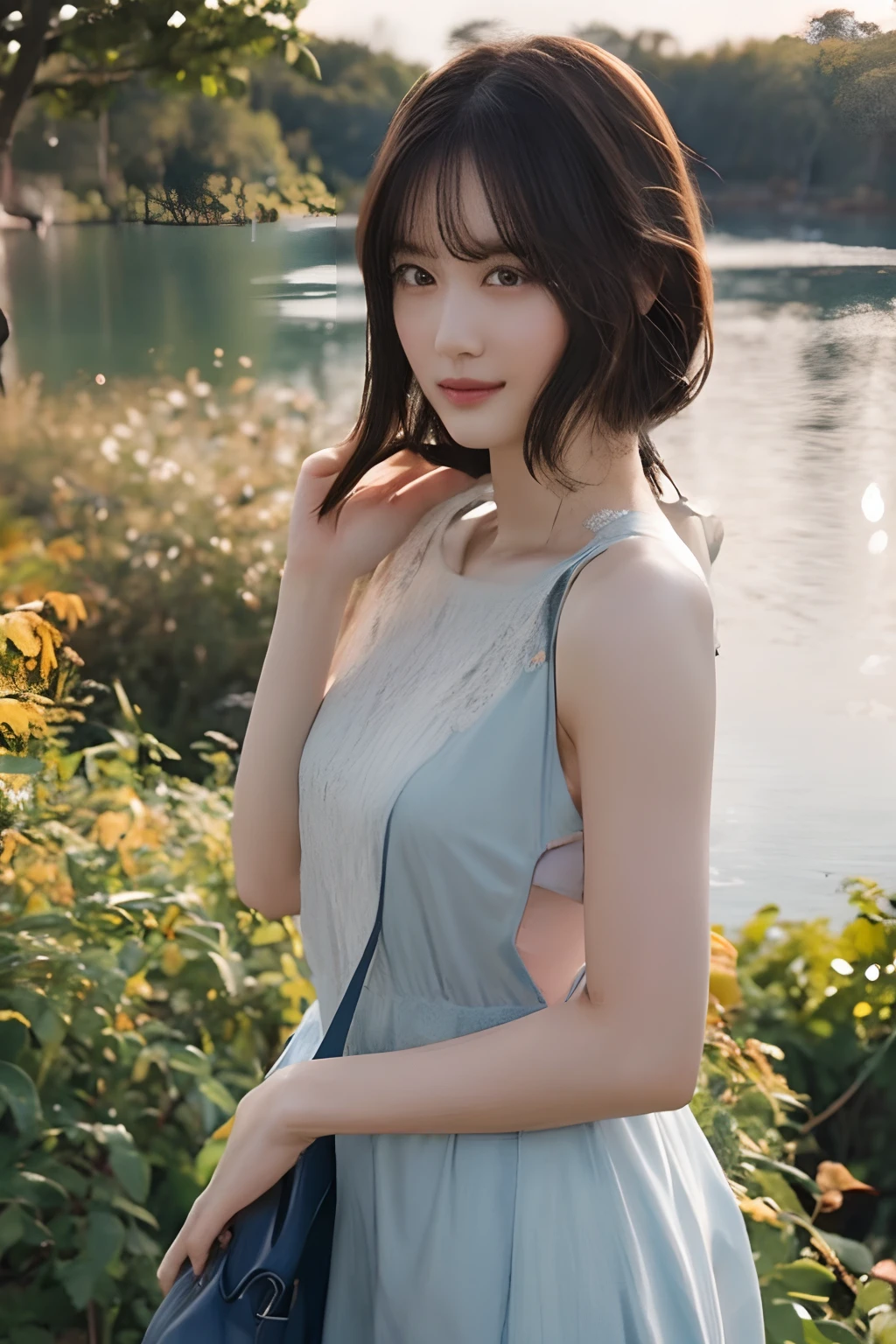 (masutepiece), Best Quality, Detailed background, Cinematic lighting, Nature, BREAK 1girl, Solo, Cute, Dress, Looking at Viewer,