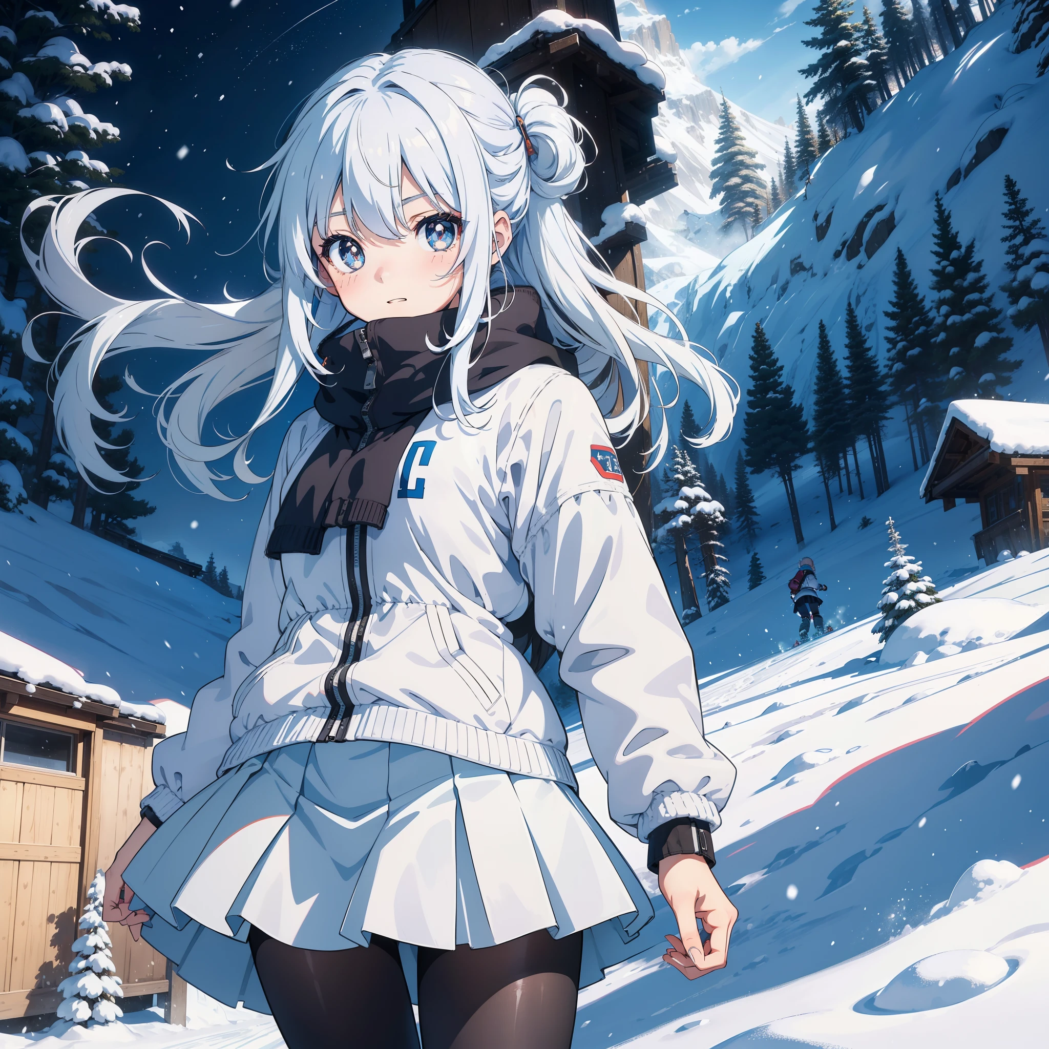 anime illustrated,Highest image quality,snow mountains,snow landscape,(A age girl skiing,Random age),(random hair style,Random hair color,random length hair,Complex hair color,Complex hairstyles),(short skirt,lacepantyhose),(Random pupil color,Complex pupil color),big laughter,Lots of details