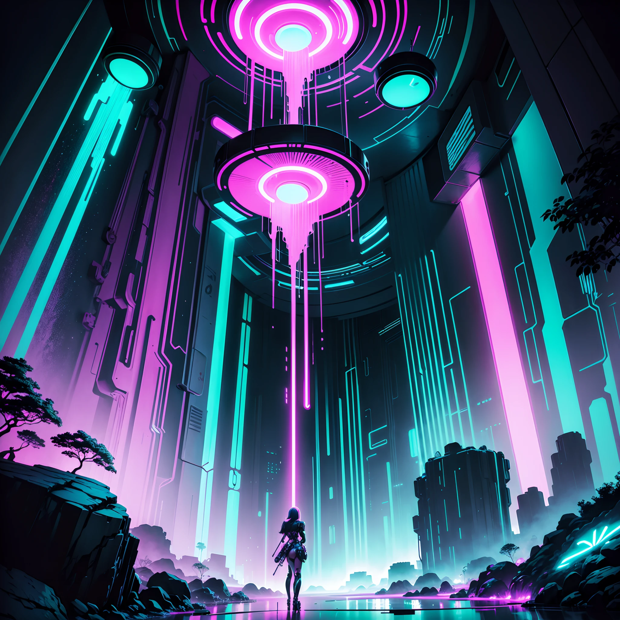 Produce a neon punk-style masterpiece with a lush waterfall illuminated by bioluminescent glow. Prioritize the neon color palette and textures to give the image a bold, futuristic vibe. Make the viewer feel like they've entered a surreal, punk-infused natural wonderland. Artists: Syd Mead (for futuristic aesthetics), Richard Phillips (for vibrant pop art influence)