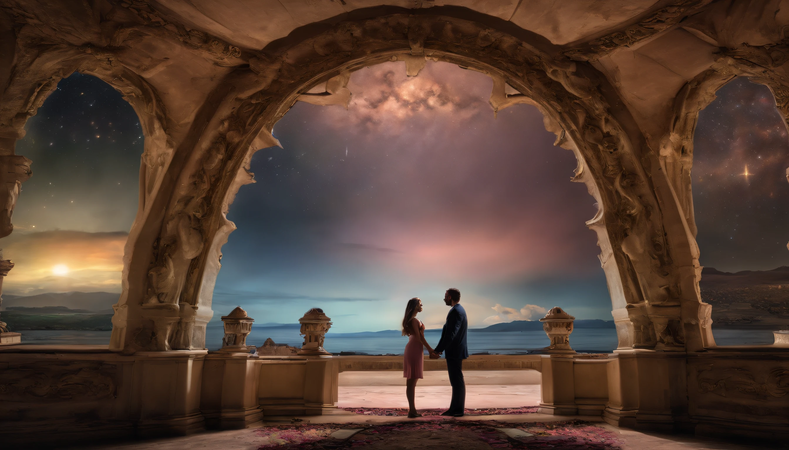((Friendship)), End of the world, epic realistic, (hdr:1.4), (pastel colour:1.4), Apocalypse, Abandoned, com cores neutras, Night, Screen space refraction, (Intricate details), (Intricate details, ultra - detailed:1.2), art  stations, cinema shot, Vignette, the complex background, Building,((Holding hands))