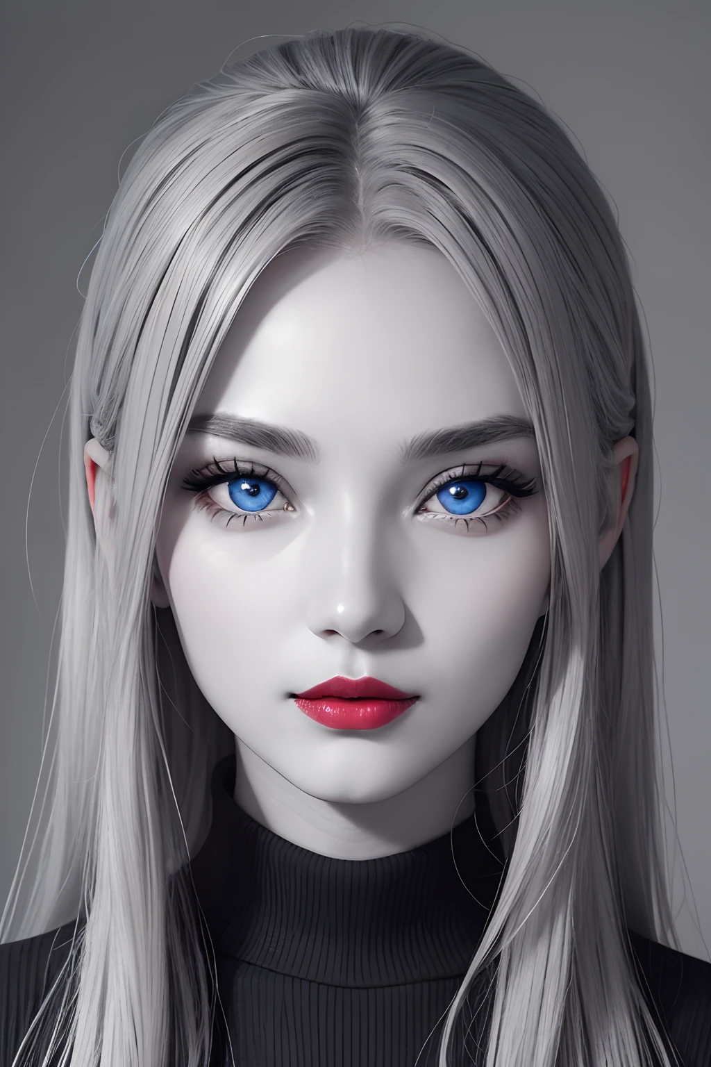 24 years old girl face, fully grey skin, grey hair, grey skin, full monochrome picture except eyes and lips, blue eyes, bright red lips, grey skin, grey background