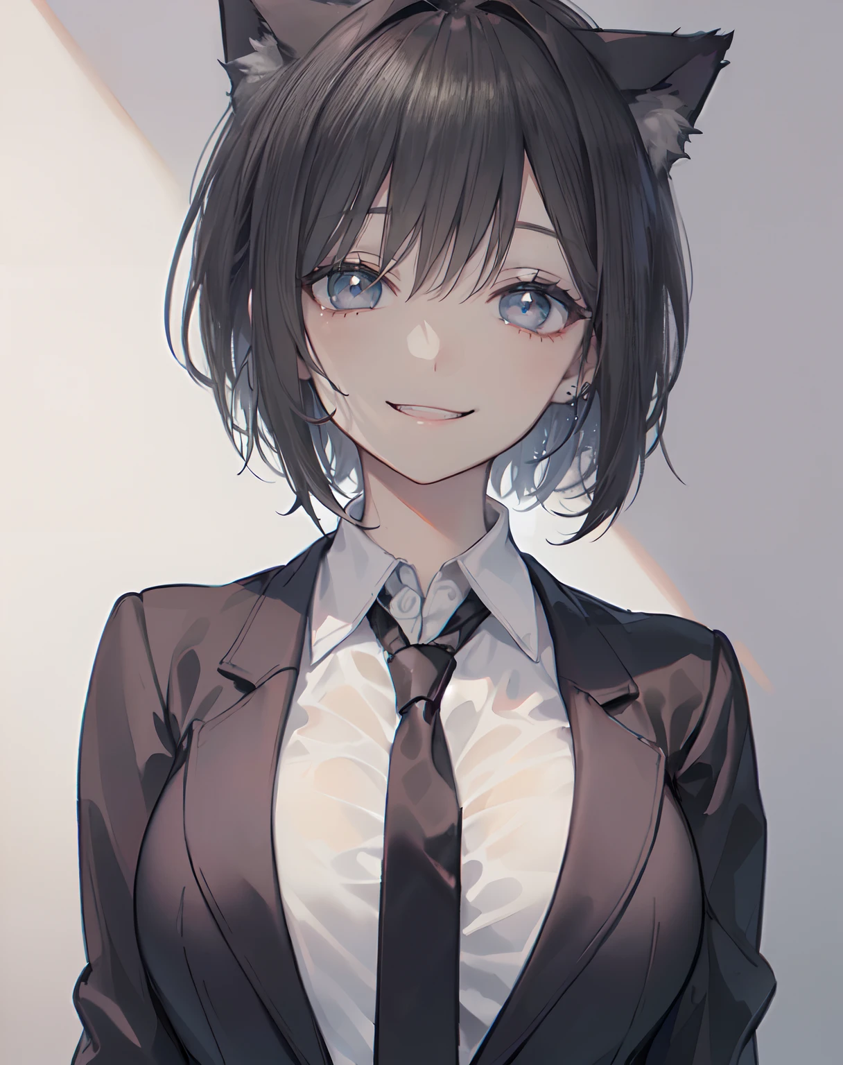 (Photography, extremely detail, best quality, official art, beautiful and aesthetic:1.2),close up, character,solo, attractive,1girl,bangs(short black hair:1.2),cat ears,(grey blazer,white shirt,tie:1.4),(large breast:1.2),(aegyo-sal,opened eyes:1.3),joy expression:1.2,(grin smiling:1.3)blush, cinematic lighting,white seamless background,