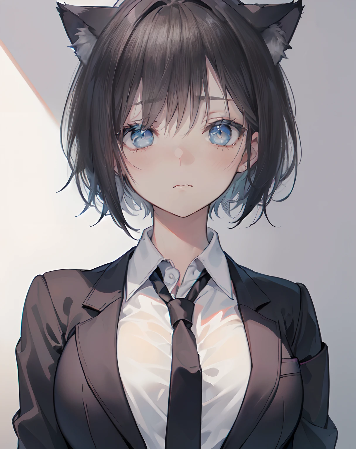 (Photography, extremely detail, best quality, official art, beautiful and aesthetic:1.2),close up, character,solo, attractive,1girl,bangs(short black hair:1.2),cat ears,(grey blazer,white shirt,tie:1.4),(large breast:1.2),(sad eyes,opened eyes:1.3),pout expression:1.2,blush, cinematic lighting,white seamless background,