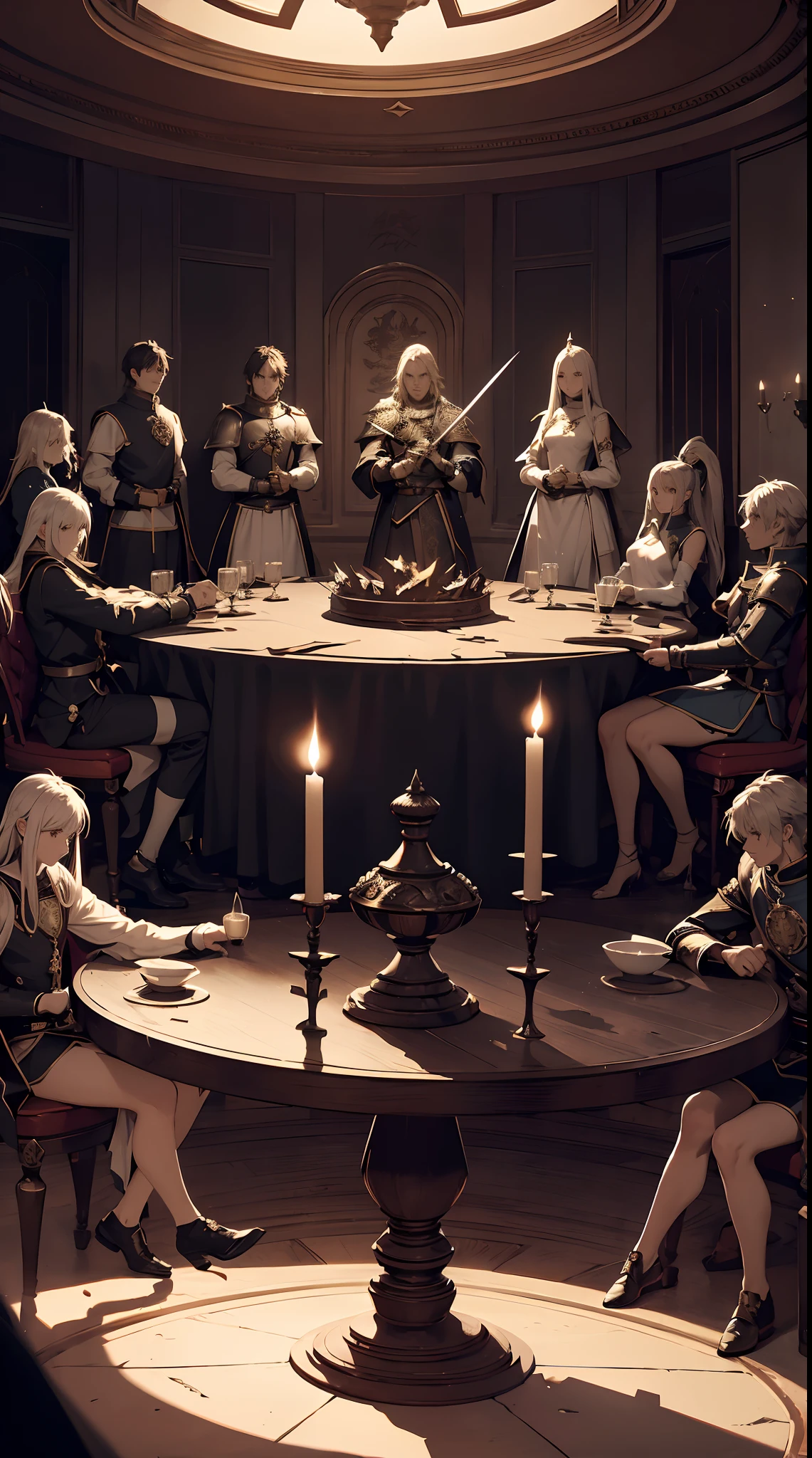 Ten knights of the round table are holding their swords facing upwards, the round table has a fire dragon aura effect symbol,On the round table is the excalibur sword, the background is in a kingdom with a round table.hd light and dark, balance rendering, dark atmosphere with bright particle light