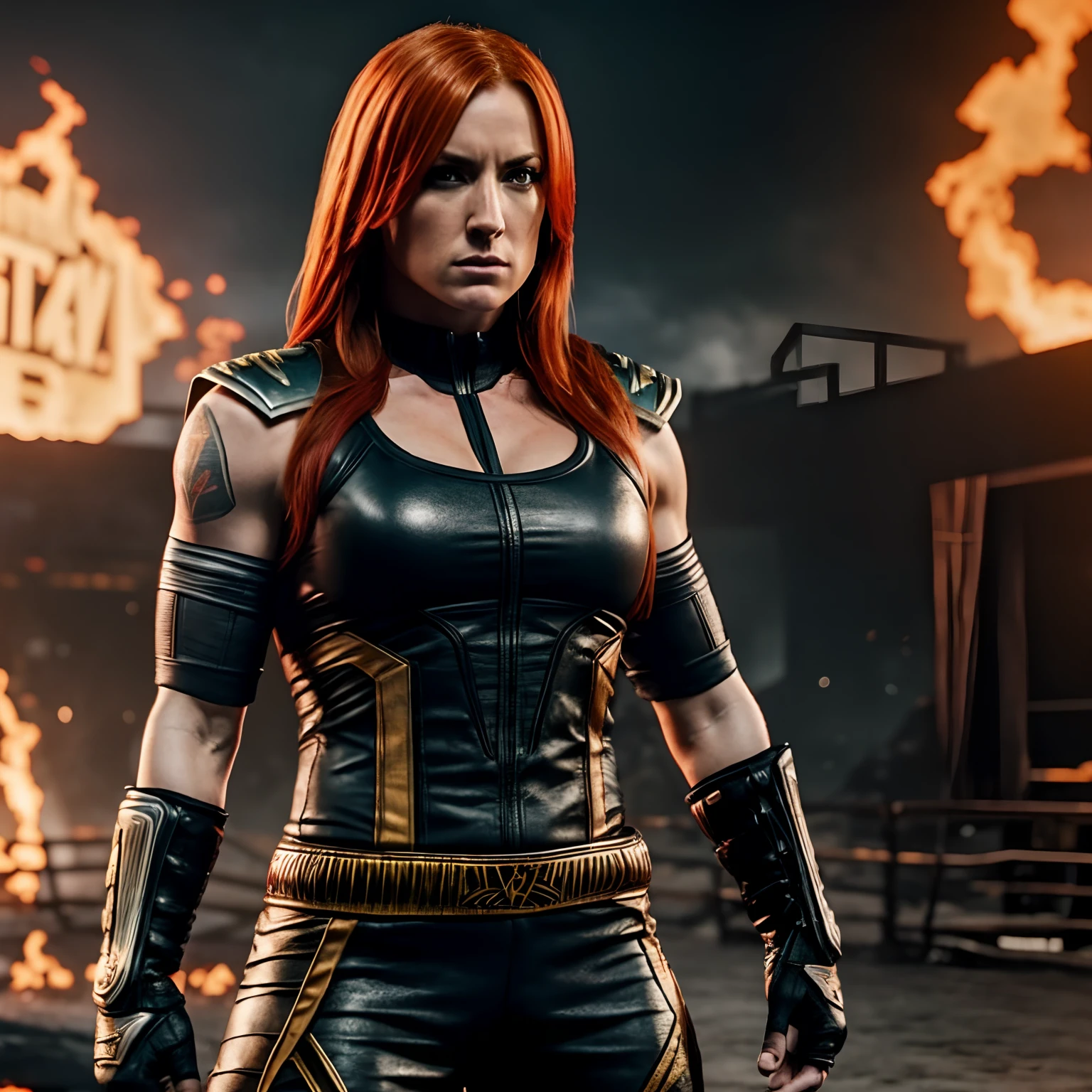 Female superstar Becky Lynch WWE is ready to fight Mortal Kombat Outworld Hyperrealistic background scene.