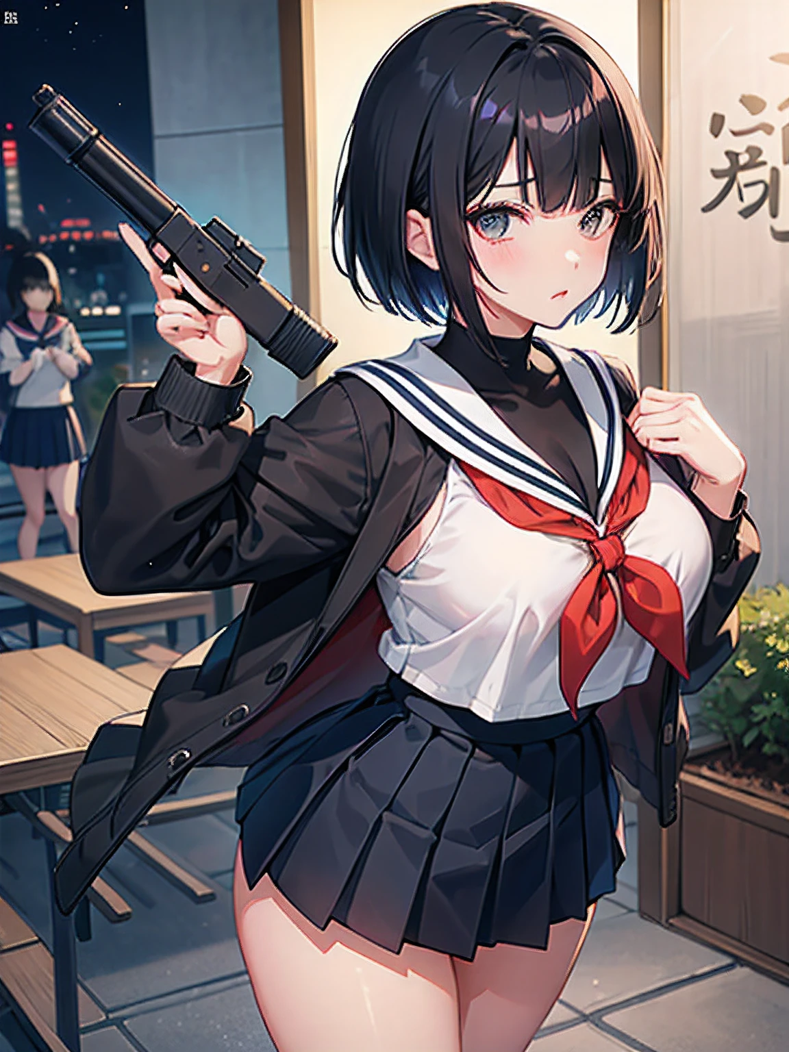 1人の女性、japanes、High school students、sleepy eyes、short、Black bob cut hairstyle、Large breasts、cleavage of the breast、(Short sailor suit:1.2)、(Short pleated skirt:1.2)、A slender、Have a gun、cute little、thick coating、Night city
