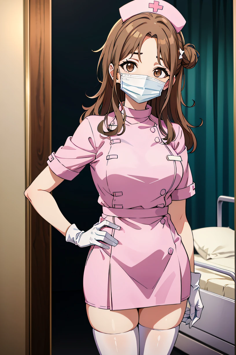 hmhinana, long hair, single side bun, brown hair, brown eyes, solo, nurse, ((white nurse cap, white nurse's outfit)), ((white legwear, zettai ryouiki)), white gloves, ((white surgical mask, covered nose)), standing, hospital room, sharp outline, short sleeves, best quality, masterpiece