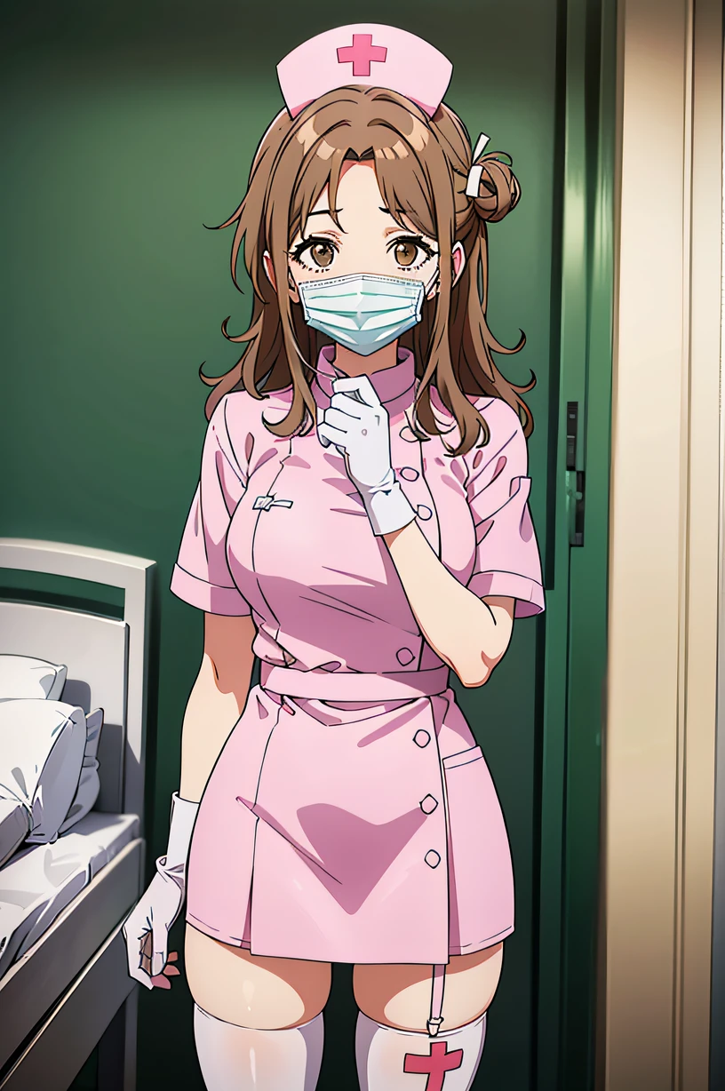 hmhinana, long hair, single side bun, brown hair, brown eyes, solo, nurse, ((white nurse cap, white nurse's outfit)), ((white legwear, zettai ryouiki)), white gloves, ((white surgical mask, covered nose)), standing, hospital room, sharp outline, short sleeves, best quality, masterpiece