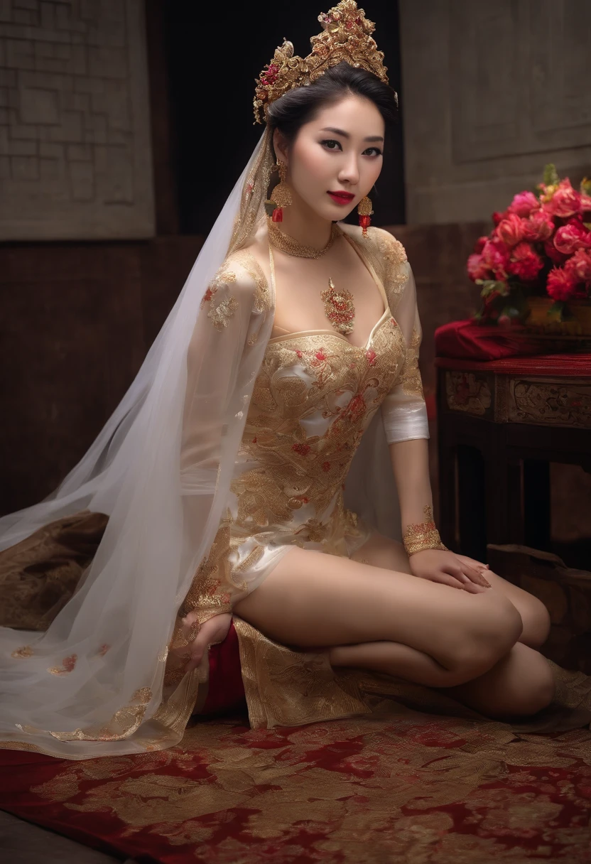 Girl in Chinese bridal costume,Right in front of me,Squat in the trash,Tear open the chest,,spreads her legs apart,Expose the lower body,The genitals,Bare ass ,Urine flow,urine,sewage
