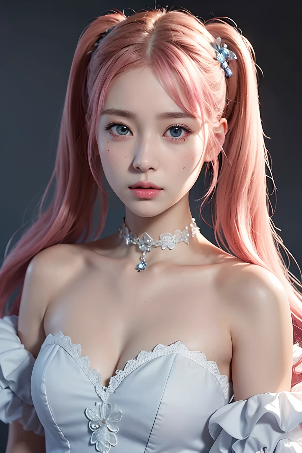 1girl in、looking at the viewers、
The upper part of the body、Beautiful blue eyes、Twin tails pink hair color、Moles under the eyes、Plump and glossy lips、Heart-shaped choker、。.。.。.。.。.。.。.。.。.。.。.。.。.。.。.。.。.。.。.。.3D、realisitic、
excessively frilled princess dress、draped clothes、jewely、ornament detached、florals、Lace trim、
​masterpiece、top-quality、8K、detailed skin textures、Detailed Cloth Texture、beautifull detailed face、intricate-detail、ultra-detailliert、
Rim lighting、Side lighting、ciinematic light、超A high resolution、8K UHD、film grains、Best Shadow、delicated、gazing at viewer、front facing
