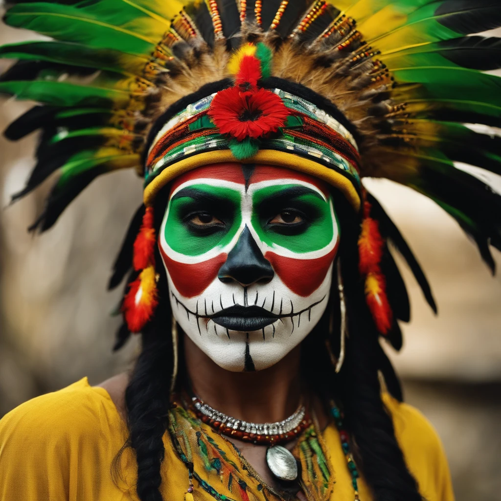 Um rosto de esqueleto, uma caveira, with an indigenous headdress with the colors green, amarelo, vermelho e preto.