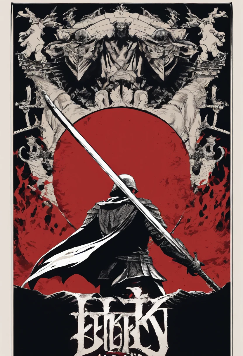 Minimalist shirt print, inspired by the manga and anime series Berserk.The seal should reflect the dark and epic essence of the story, but in a simplified form., A minimalistic way. Use muted colors and clean lines, to introduce one of the iconic characters, Characters, or outstanding elements from the series. Make sure, that the print is suitable for use on a shirt and conveys a sense of power and tragedy, that calls Berserk.