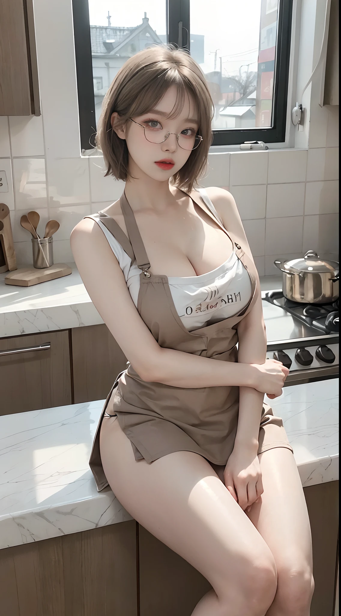 Top image quality、Raw photography、超A high resolution、18-year-old Korean、Glasses beauty、Colossal tits:1.5、cleavage of the breast:1.4、Healthy complexion、shiny white skin、(short cut hair)、((Light brown silver hair))、Beautiful eyes with random colors、very thin lips、beautiful eyes finely detailed、elongated eyes、pale pink blush、long eyeslashes、Beautiful double eyelids、eyeshadows、耳Nipple Ring、Beautiful skin、(Fashionable glasses、Wearing _kitchin_Apron、V-neck micro apron、Beautiful legs、Attractive thighs)、(slightly thicker thighs、Photograph the entire leg、Sit in the kitchen、Photograph the whole body)
