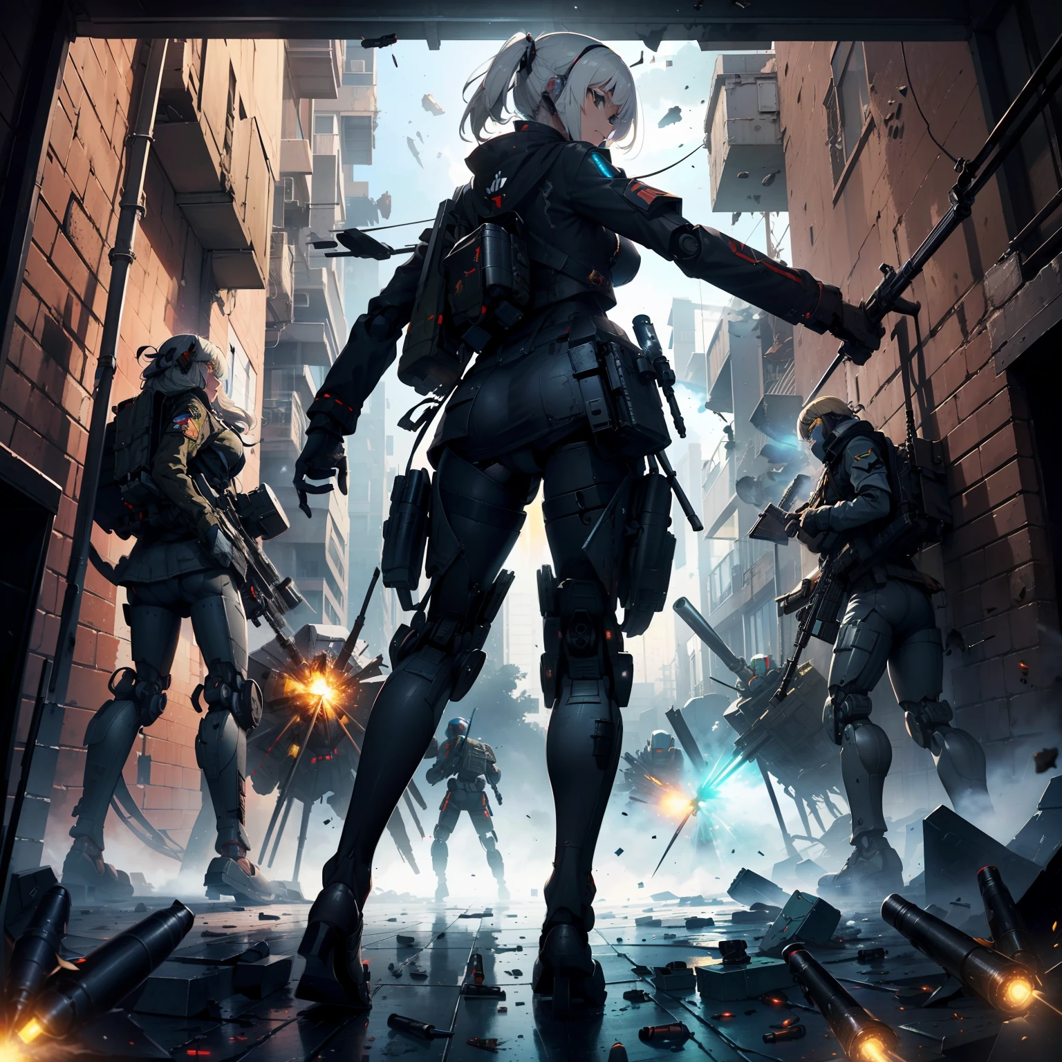 (Female soldier with strong body)、(((Scatter bullets with machine guns and destroy enemy robots:1.4)))、1 Female 1 Robot、(Black combat uniform)、(platinum-blonde-hair:1.2)、Have multiple weapons、Running through the rubble、((超A high resolution))、Detail Write、masterpiece、top-quality、extremely details CG、8K picture quality、Cinematographic lighting、lensflare、(Night combat)、((From the inside of the building to the outside))、Hyper-detailing、Android wreckage、cowboy shot:1.4、From diagonally above 、(HK416)、turned around、Detailed firearm depiction、Firearms with perfect detail、Barrel without distortion、As I ran、(dynamic ungle:1.4)、Splattering cartridge cases