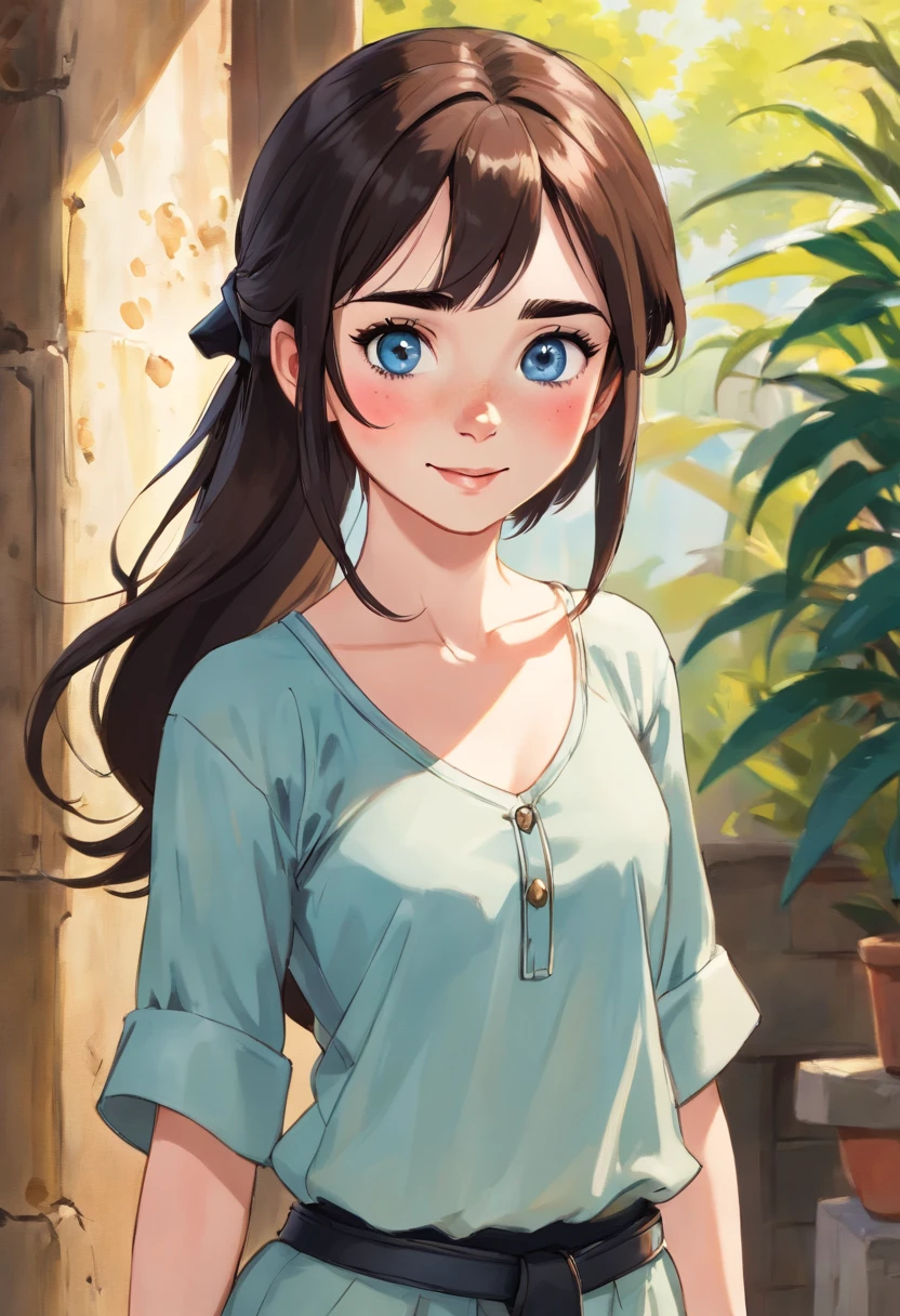 1girl, lily collins, ((freckles)), tan, happy, smile, confident, looking at viewer, upper body focus, tunic, crop top, leather leggings, boots, light blue eyes, black hair, big ponytail,