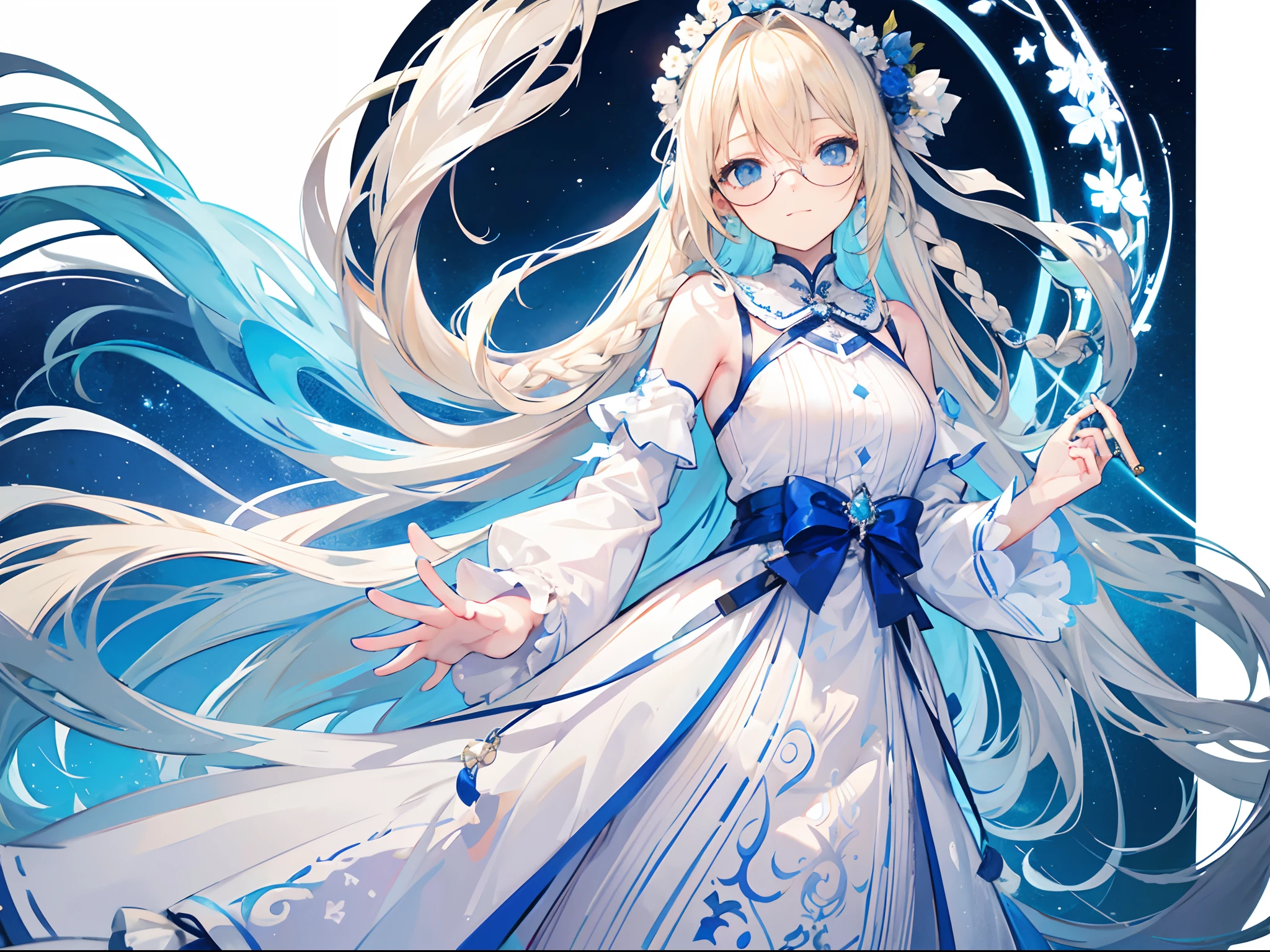 Beautiful long blonde hair, Blue Highlights, Bright blue eyes.,detailed face,Shy Expression,18 year old girl,White nightgown,Left Braid,eyeglasses,Smiley face