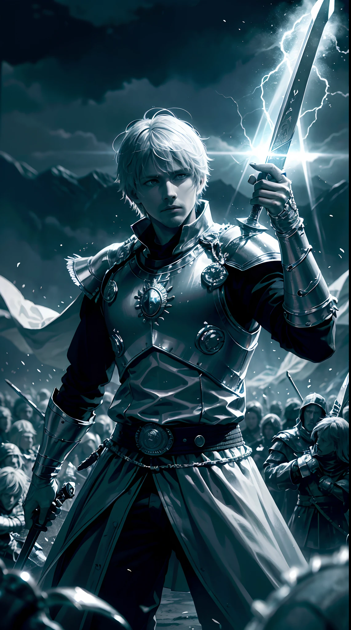 King Arthur Pendragon pulled out the sword Excailibur which was stuck in a stone, beside King Arthur stood members of the 10 knights of the round table,Lightning effects the atmosphere, HD lighting and dark )<=(epic image quality)dark atmosphere with bright particle light(many effects in background)