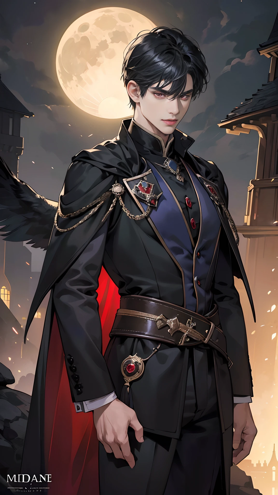 masterpiece, best quality, realistic, 1man, mature male, quiet and charming young man, 20 years old, serious look, extremely detailed face, detailed eyes, detailed background, cinematic lighting, looking at the audience, posture dynamics, (masterpiece, top quality, best quality, beautiful illustration, official art, wide angle, beautiful and aesthetic :1.5), Masterpiece Background Midnight, Darkness, Dark Room, Dark tone, castle, castle windows, Moonlight, (Moonlight Only: 1.5), Invincible Smile, smirk, Bewitching, gloomy, ((red eyes)), ((black hair)), [thick eyebrows], ((suit)), black cape, black suit, black pants, short black hair, bangs, red eyes, blood red eyes