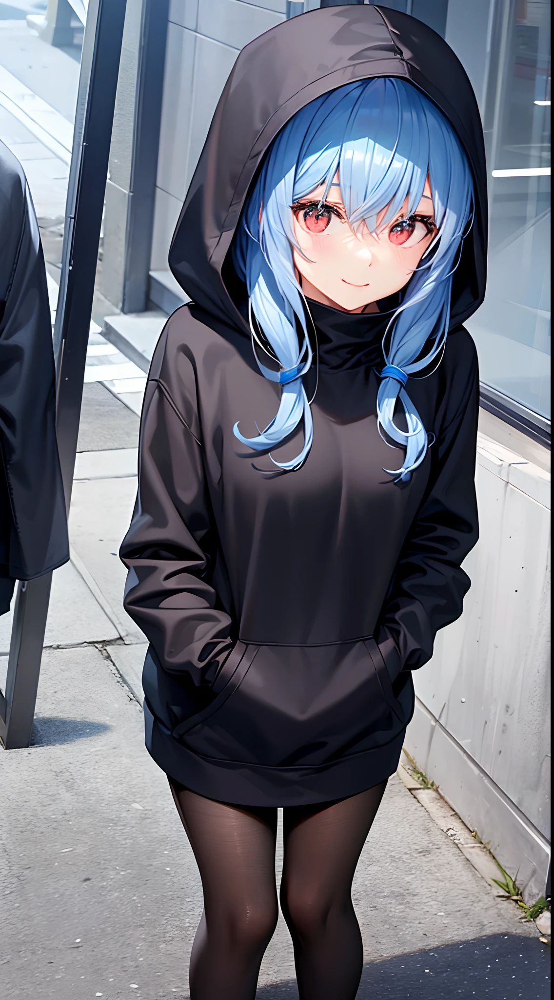 Pretty Woman, Please wear a plain black hoodie and hood,  The hood has penguin hands.、Standing alone, Facing forward、Hair color is light blue、A smile、I'm wearing black tights、No background、