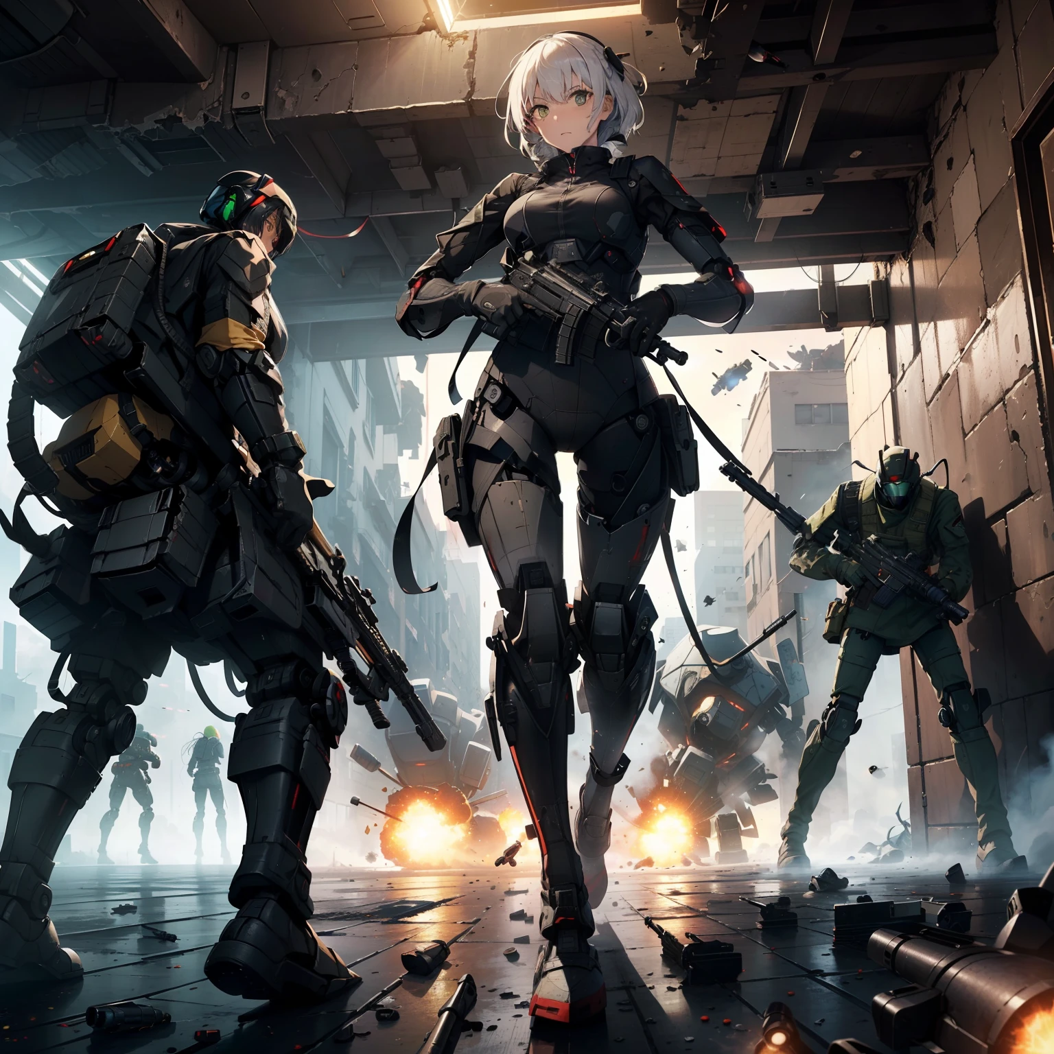(Female soldier with strong body)、(((Scatter bullets with machine guns and destroy enemy robots:1.4)))、1 Female 1 Robot、(Black combat uniform)、(platinum-blonde-hair:1.2)、Have multiple weapons、Running through the rubble、((超A high resolution))、Detail Write、masterpiece、top-quality、extremely details CG、8K picture quality、Cinematographic lighting、lensflare、(Night combat)、((From the inside of the building to the outside))、Hyper-detailing、Android wreckage、cowboy shot:1.4、From diagonally above 、(HK416)、turned around、Detailed firearm depiction、Firearms with perfect detail、Barrel without distortion、As I ran、(dynamic ungle:1.4)、Splattering cartridge cases