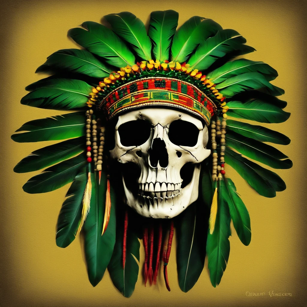 rosto de esqueleto, just the bone, with an indigenous headdress with the colors green, amarelo, vermelho e preto.
