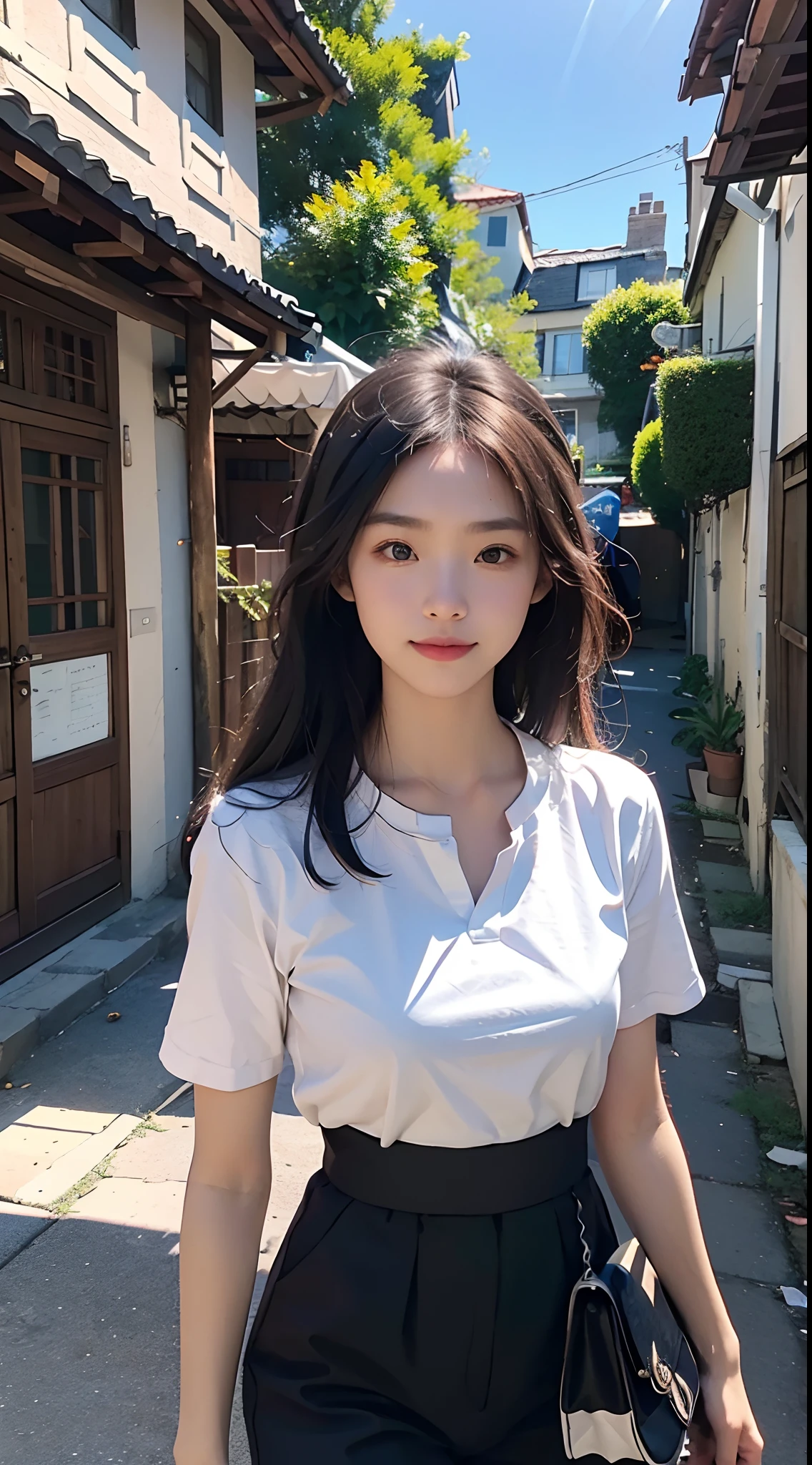 2girls, girl strolling through the streets of the old town bungalow,Extreme light and shadow,Aurora chase,Extremely strong reflected light,Extreme shadows,Town,blue-sky,warm sunlight,enjoying life,Healing pictures,(Smile 0.8)(Upper body close-up 1.2)(Great view 1.2)(Clean background 1.2)(Delicate facial features1.3)(Perfect body 1.3)(Flat chest 1.1)(Global illumination 1.2)(Surreal scenario 1.3)(Focal length 70-200)