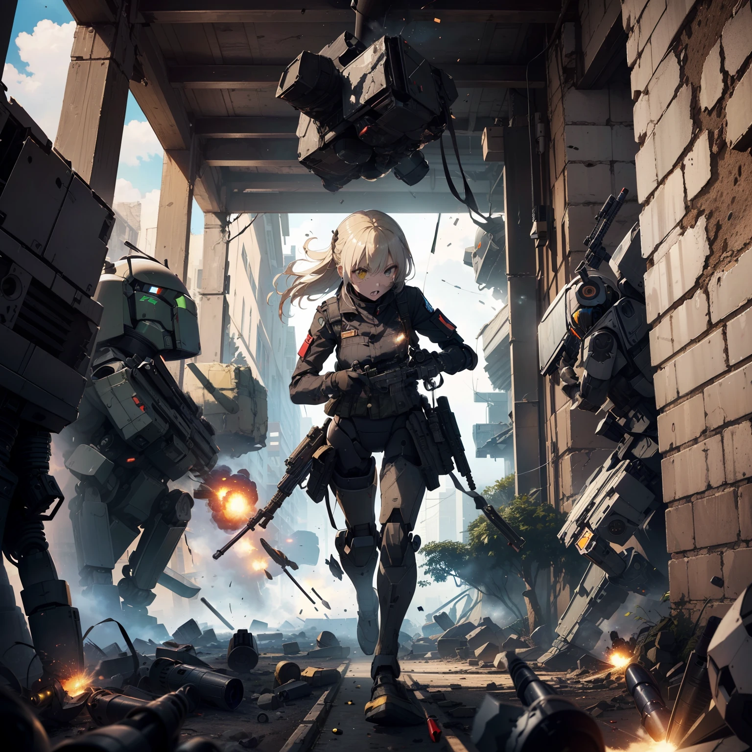 (Female soldier with strong body)、(((Scatter bullets with machine guns and destroy enemy robots:1.4)))、1 Female 1 Robot、(Black combat uniform)、(platinum-blonde-hair:1.2)、Have multiple weapons、Running through the rubble、((超A high resolution))、Detail Write、​masterpiece、top-quality、extremely details CG、8K picture quality、Cinematographic lighting、lensflare、(Night combat)、((From the inside of the building to the outside))、Hyper-detailing、Android wreckage、cowboy  shot:1.4、From diagonally above 、(HK416)、turned around、Detailed firearm depiction、Firearms with perfect detail、Barrel without distortion、As I ran、(dynamic ungle:1.4)、Splattering cartridge cases