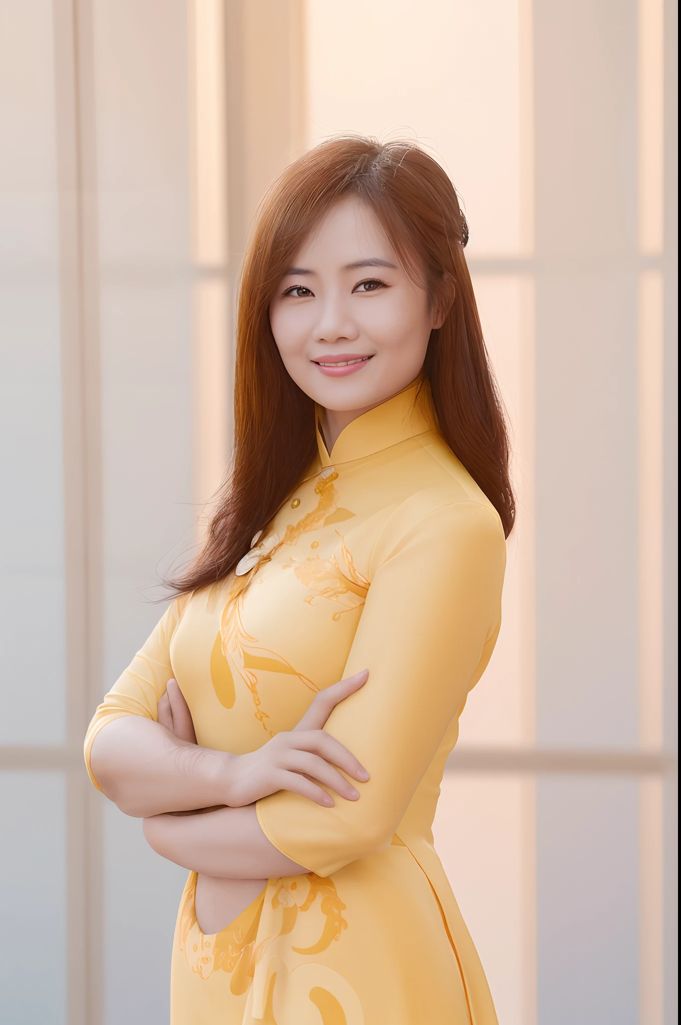 arafed asian woman in a yellow dress posing for a picture, vietnamese woman, mai anh tran, ao dai, in style of lam manh, an asian woman, asian woman, asian women, wearing a yellow cheongsam, dang my linh, vietnamese woman, asian girl, a young asian woman, photo of a woman, asian, highly detailed, ultra detail, studio shoot, cinematic angle, 85mm prime lens, macro lens, iso 100, f/4, canon eos, canon 5d, --quality 100, --s 5000, --stylise 1250