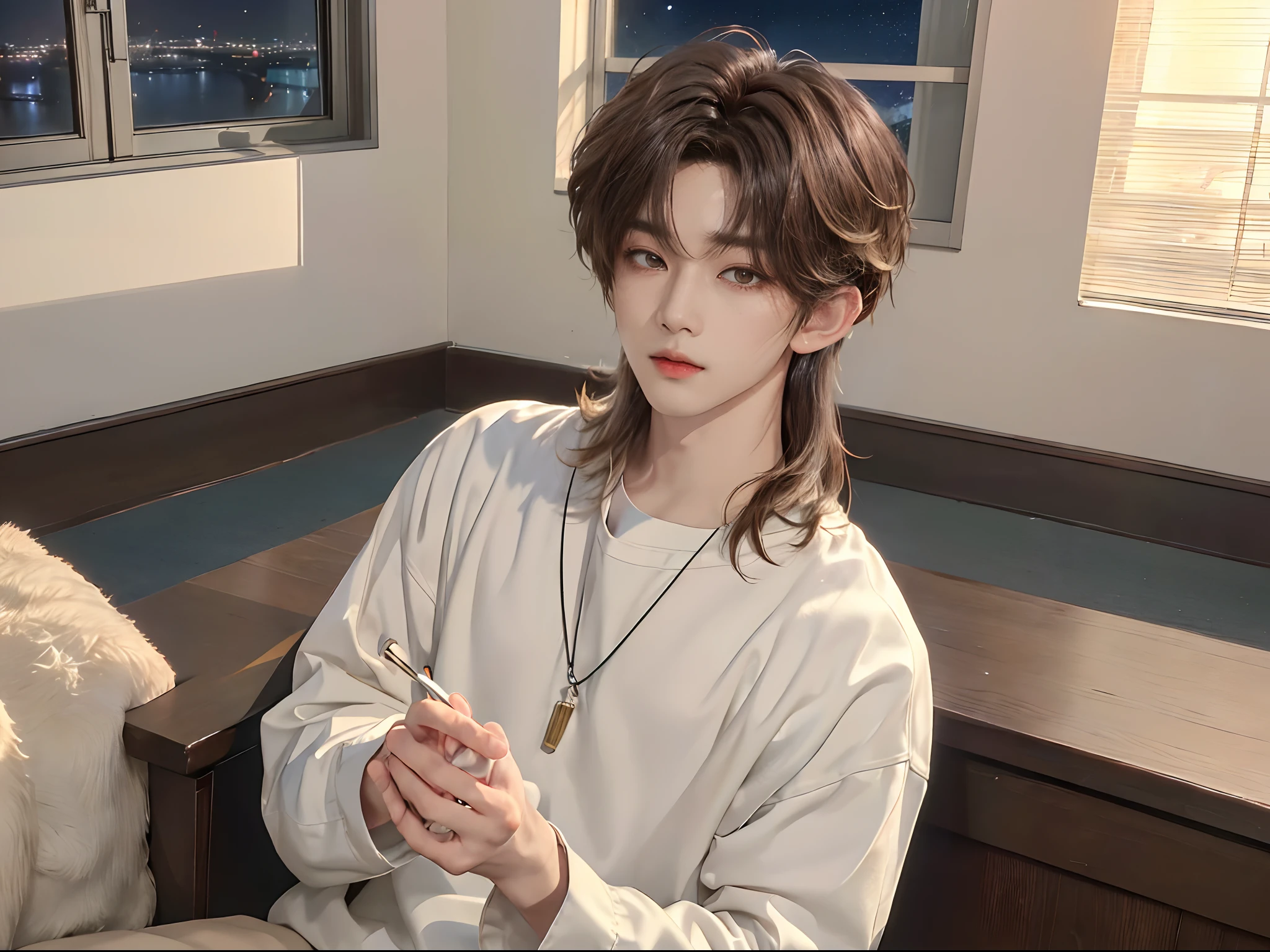 ((4K))、masterpiece、(top-quality)、((high-level image quality))、One Manly Boy、((Fashionable men's personal wear))、(Detailed beautiful eyes)、Stylish homeroom at night with a view of the night sky from the window、Take a selfie while sitting in a gaming chair in front of your PC、Face similar to Chaewon in Ruseraphim、((short hair above the ears))、((Smaller face))、((Neutral face))、((Light brown eyes))、((Korean boy))、((18year old))、((Handsome man))、((Wild look))、((Korean Makeup))、((elongated and sharp eyes))、((During game streaming))、((Photo with a woman))、((Sibling))、((With women with long hair))