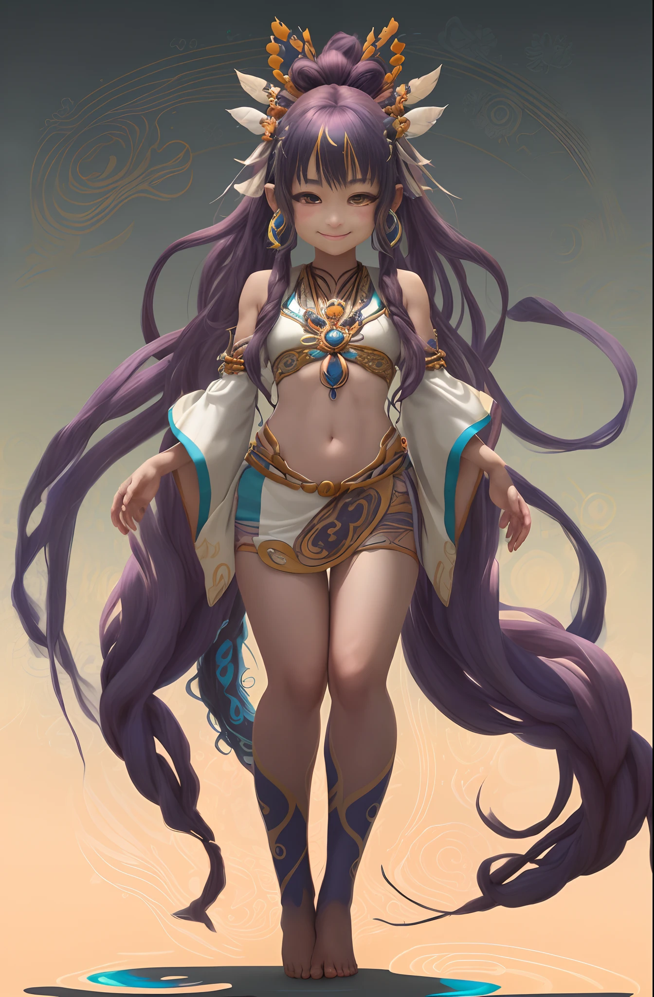 Full body standing), Small full-body shots, Full body,Dreamy journey of abstract native-style ayahuasca、beautiful goddess、 bard, In the style of anime ergo proxies, Character design of Naoyuki Onda, smug smile, Joyful, cute expression, Uneven eyes, Emotionally seductive,