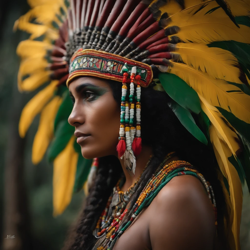 rosto de esqueleto, just the bone, on the side with an indigenous headdress with the colors green, amarelo, vermelho e preto.