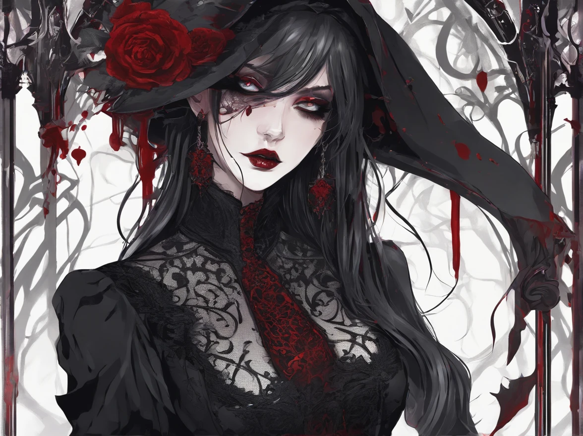 Gothic sexy woman with blood dripping from her mouth beautiful vampire queen, vampire girl, Gothic horror vibes, beautiful female vampire queen, Guweiz-style art, dark fantasy mixed with realism, androgynous vampire, goth maiden anime girl, gothic aesthetic, female vampire, gothic art style