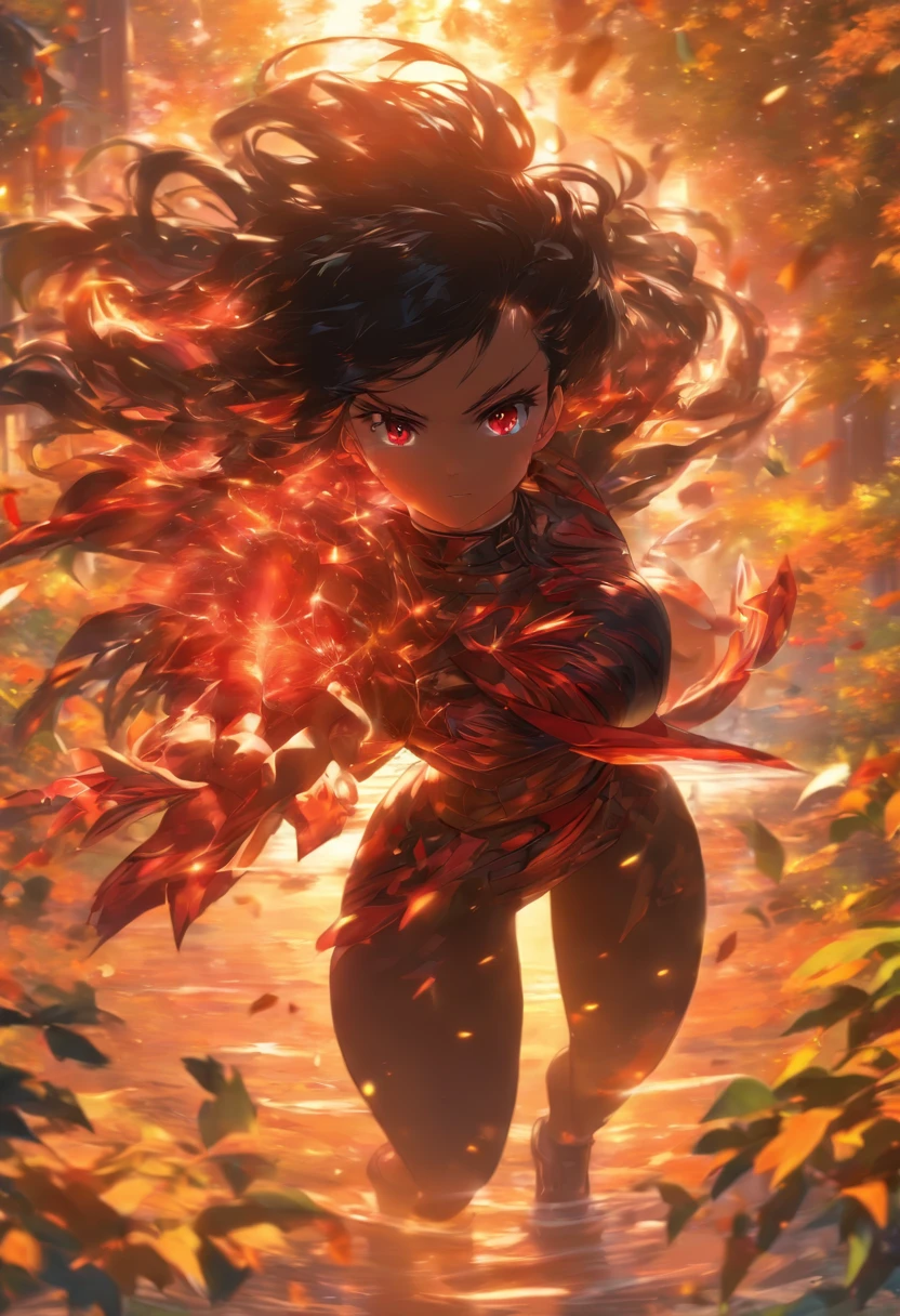 Full body, masterpiece, best quality, 1girl, black hair, red eyes,  long hair, solo, dappled sunlight, sky, leaf, beuatiful, sexy
