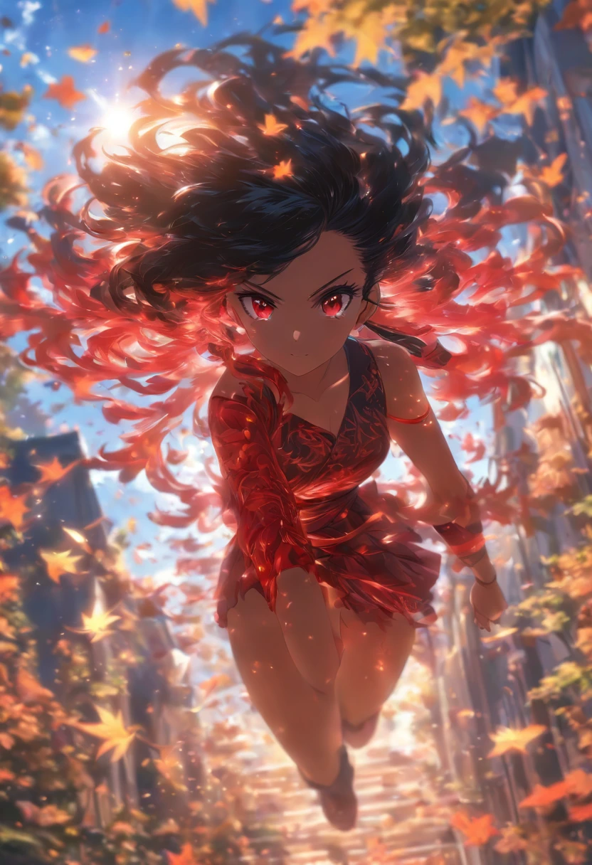 Full body, masterpiece, best quality, 1girl, black hair, red eyes,  long hair, solo, dappled sunlight, sky, leaf, beuatiful, sexy