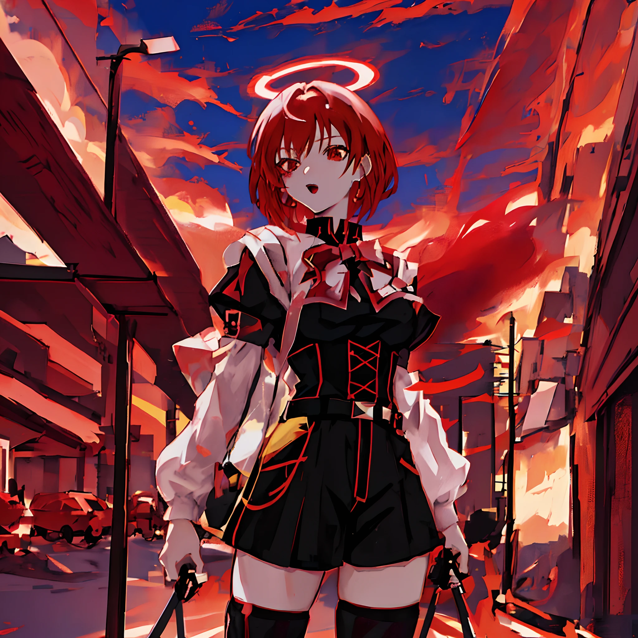 anime girl with red hair and black outfit standing on sidewalk, anime style 4 k, best anime 4k konachan wallpaper, anime style. 8k, anime art wallpaper 8 k, anime art wallpaper 4 k, anime art wallpaper 4k, anime artstyle, badass anime 8 k, high quality anime artstyle, anime styled digital art, anime style illustration