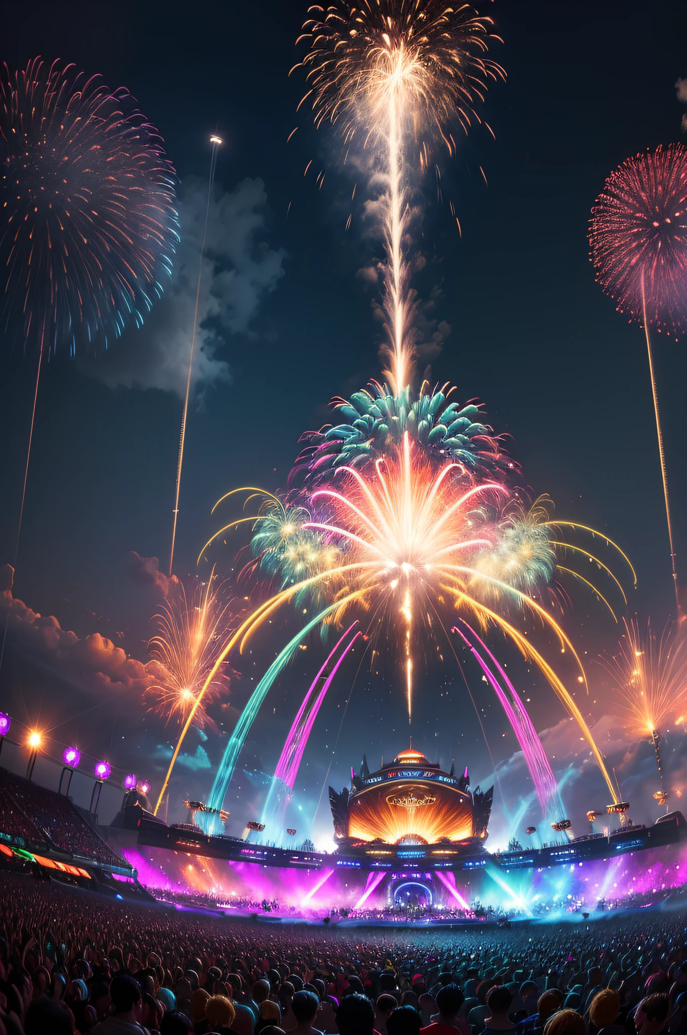 Create high-resolution images that capture the electrifying atmosphere of Tomorrowland, one of the world's most iconic music festivals. These images should exude a sense of musical euphoria, vibrant energy, and a futuristic, otherworldly ambiance.
Incorporate elements that are synonymous with Tomorrowland, such as elaborate stage designs, massive crowds of festival-goers, DJ booths, colorful lasers, fireworks, and dazzling light shows. The scenes should feel like snapshots from the epicenter of a musical celebration.
Ensure that each image possesses an ultra-realistic quality with impeccable details, vivid colors, and exceptional lighting. Enhance their photo quality to rival professional photographs, with impeccable sharpness and dynamic range. Infuse the images with the essence of the festival by adding dynamic light streaks, vivid color gradients, and a sense of pulsating rhythm.
Create a series of images that are both unique and beautiful, each capturing a different facet of the Tomorrowland experience, from the main stage to intimate moments in the crowd. These images should evoke the exhilaration and joy of being part of a world-class music festival.