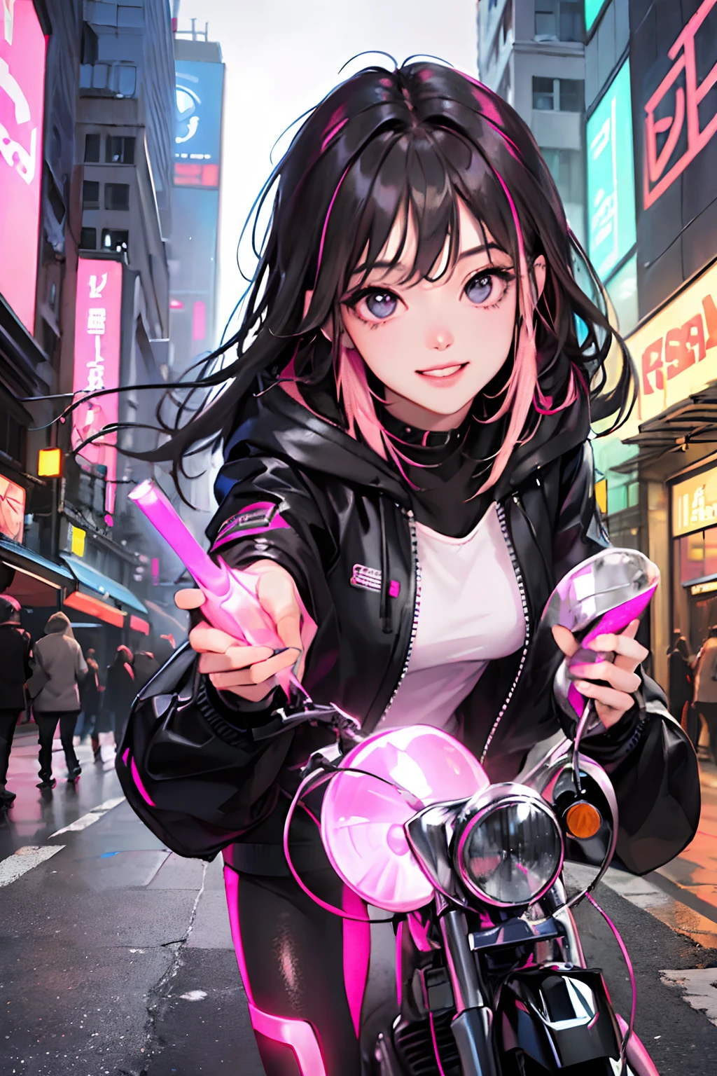 (1girl in)、(Plump beauty)、(30-years old)、(Very long hair)、(Top image quality)、(8K picture quality)、(cyberpunked)、(masutepiece)、 (Flickering of light)、(Wear a cyberpunk hooded military uniform)、(Picture of me driving a motorcycle:1.5)、(confident grin:1.2)、(Full body photo)、cinematric light, Cinema Shadow, Sharp Image, Extremely detailed, Volumetric, Bright sprites, particles effect, beautiful effects, Vivid colors, neons, Neon light, Highly detailed image textures, detailed hairs, Detailed face, Detailed eyes, Full body photo, city、Dark hair、Eyes glow、Photo from the knee up、beautiful effects, Vivid colors, Highly detailed image textures, detailed hairs, Detailed eyes,(Cyberpunk cityscape) (Pink aura overflowing from clothes:1.5)
