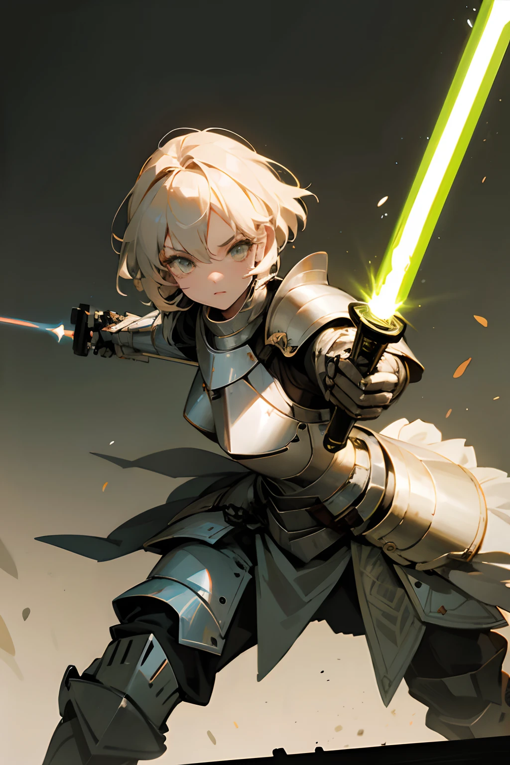 Beautiful girl knight in armor,holding a lightsaber in his hand,Attacking posture