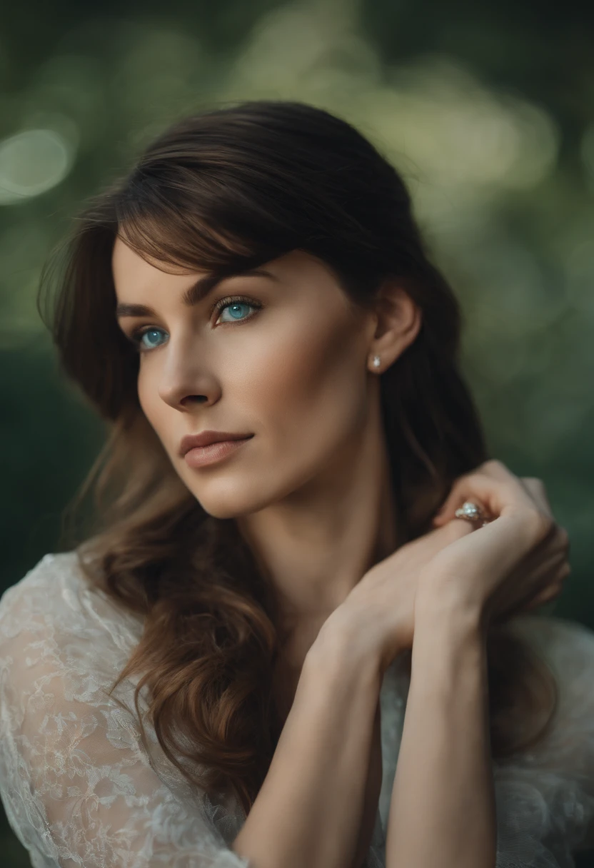 Protrait, photograph, androgynous hunnuman, oval jaw, delicate features, beautiful face, hair, long bangs, long ponytail, bright blue-green eyes, lds art