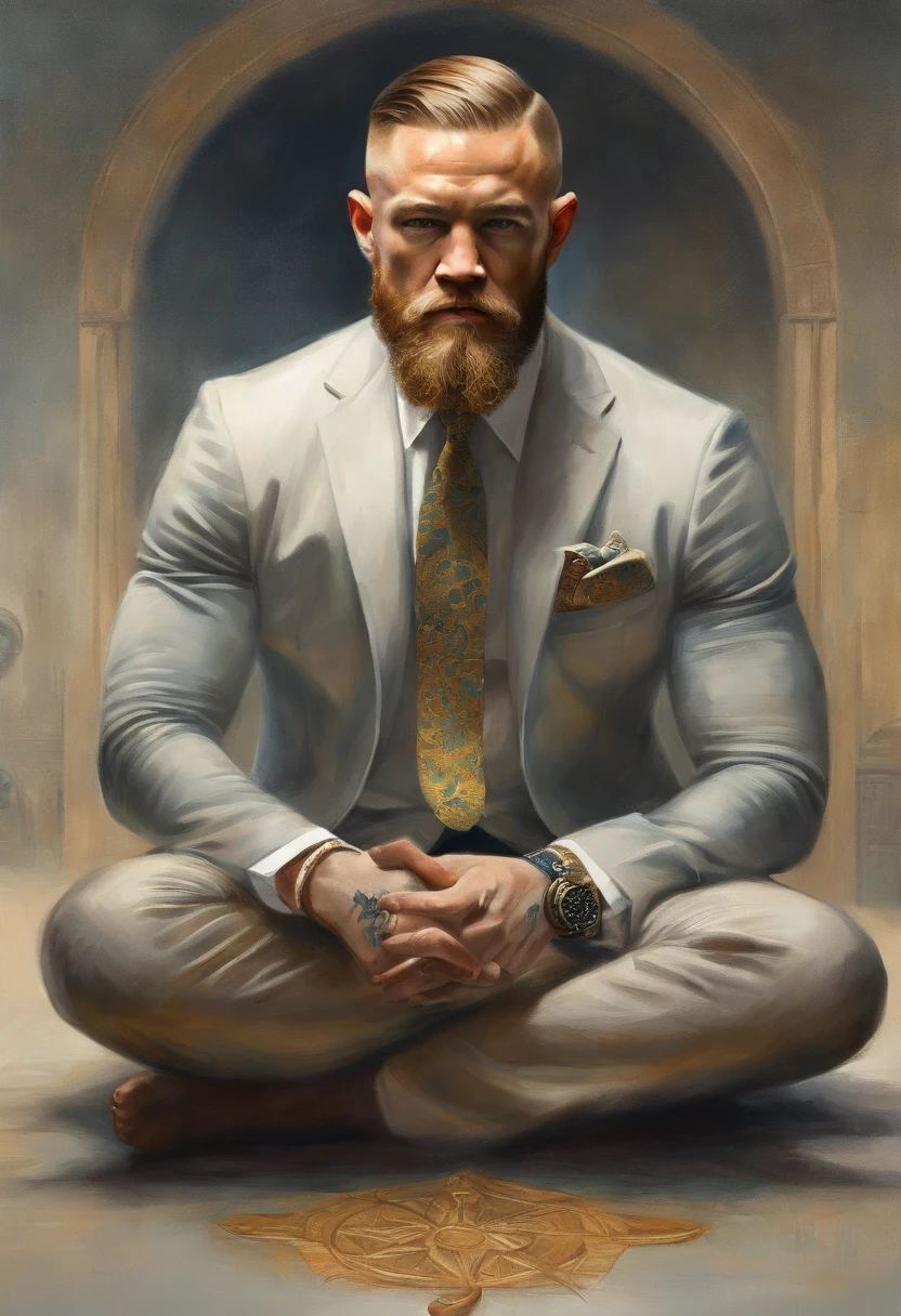 Conor mcgregor, sitting in a meditation position, diante de um orisonte lindo, com o sol se pondo, in connection with the divine, foto de retrato, Directed by: Drew Tucker, Directed by: Adam Marczyński, Directed by: Alexander Kucharsky, Directed by: Gavin Nolan, Surrealismo 8K, Directed by: Jason Felix, Yuri Shwedoff e Tom Bagshaw, arte ilustrativa, Estilo Erik Johansson