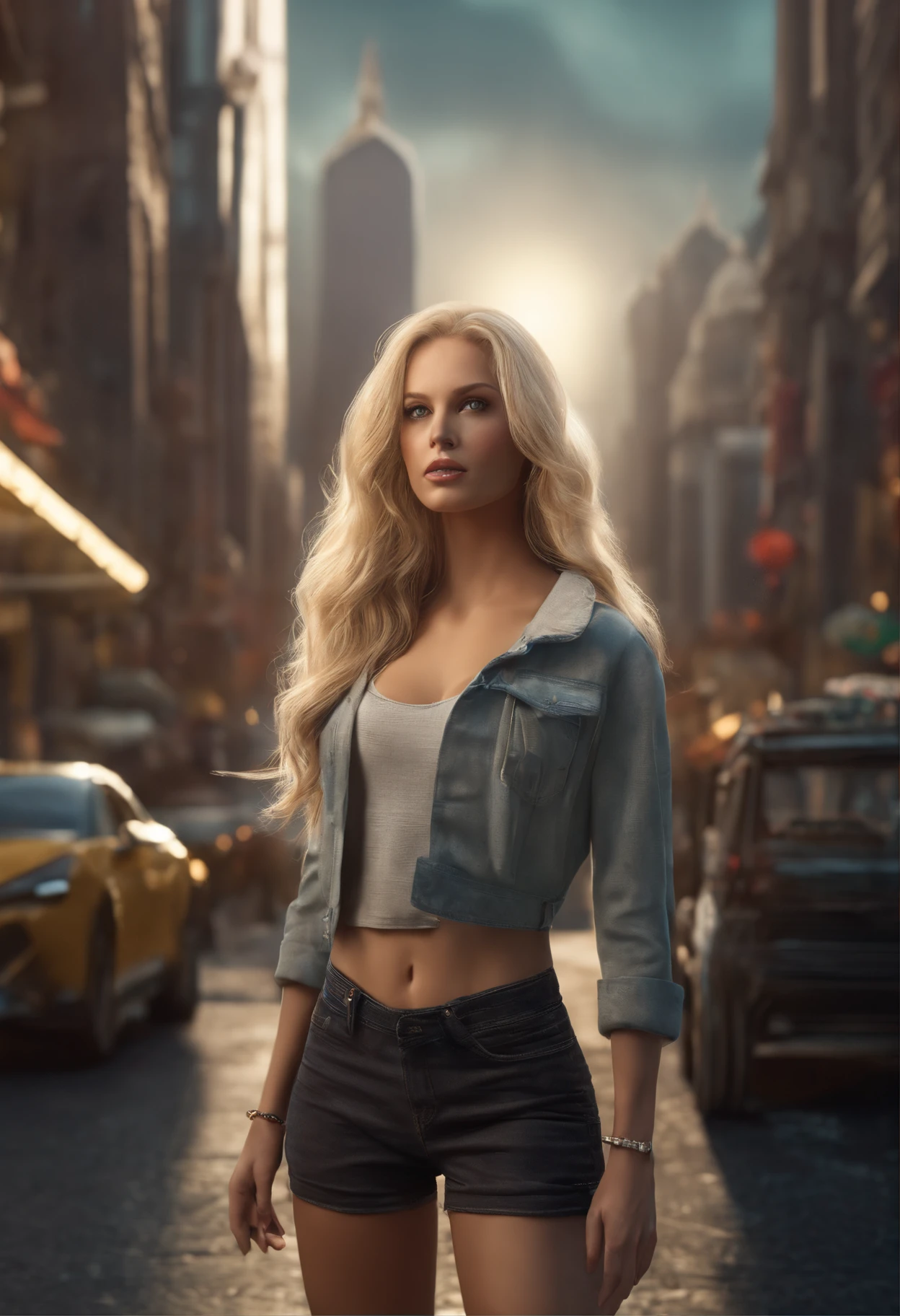 gorgeous woman with extra long wavy blonde hair, detailed alluring eyes, long sexy legs, wearing tiny shorts, t-shirt, ((detailed facial features)), (finely detailed skin), pale skin, realistic skin texture, extreme skin details, (pores:0.1), in the background beautiful futuristic cyberpunk city, best quality masterpiece, photorealistic, hyperrealistic, detailed, 8k, HDR, (Soft color: 1.2), shallow depth of field, broad light, high contrast, backlighting, bloom, light sparkles, chromatic aberration, sharp focus, RAW color photo