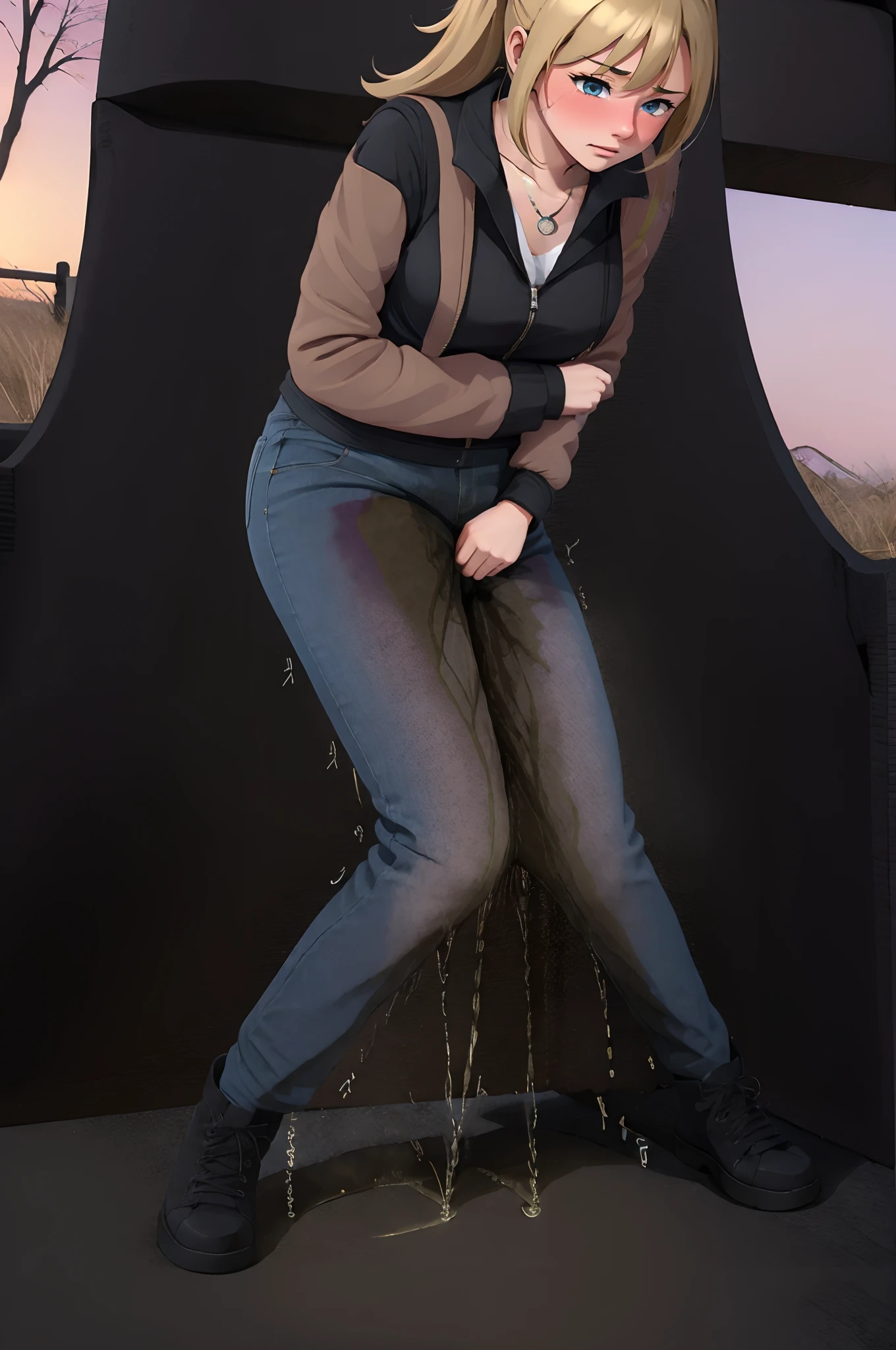 (masterpiece, top quality, best quality, highly detailed:1.2), colorful, 1girl, solo, photo of a sexy soldier woman standing and peeing on the ground, looking down, urgetopee, have to pee, peeing self, pee, having an accident, army base, sunset, outdoor, standing, ((pee stream)), ((pee puddle)), pee stain, camo pants, ((wet pants)), peeing, blush, trembling, embarrassed, muscles, blonde hair, blue eyes, black combat boots, sleeveless red aviator jacket, cleavage, no bra