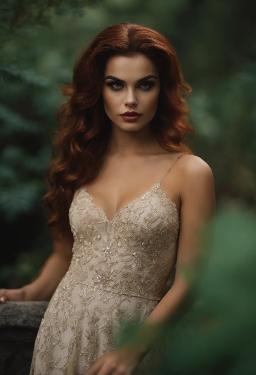 mulher, 20 anos, vampira, pele clara, cabelo comprido, magra, corpo definido, olhos dourados, alta, corpo inteiro.