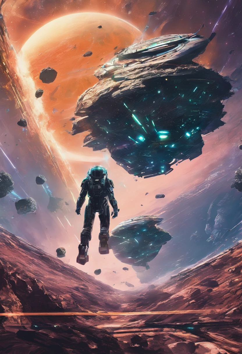 A shot of Zorax piloting his spaceship through an asteroid field, dodging rocks and debris.