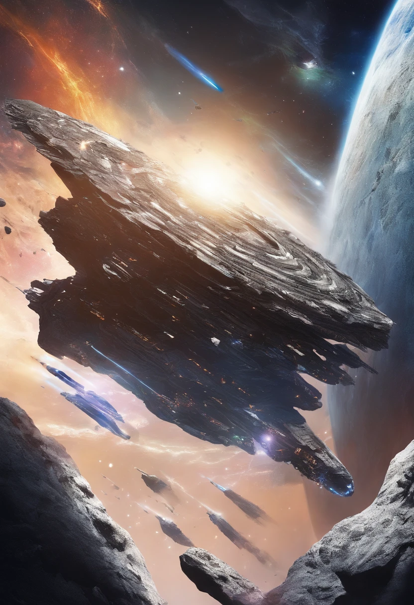 A shot of Zorax piloting his spaceship through an asteroid field, dodging rocks and debris.
