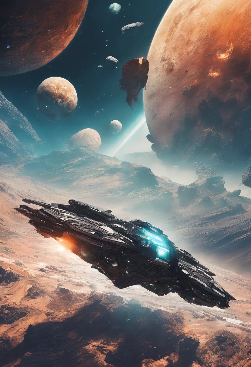 A shot of Zorax piloting his spaceship through an asteroid field, dodging rocks and debris.