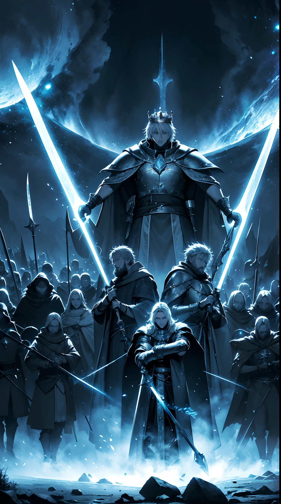 King Arthur Pendragon pulled out the sword Excailibur which was stuck in a stone, beside King Arthur stood members of the 10 knights of the round table, Interstellar background,Lightning effects the atmosphere,  HD lighting and dark )<=(epic image quality)dark atmosphere with bright particle light(many effects in background)