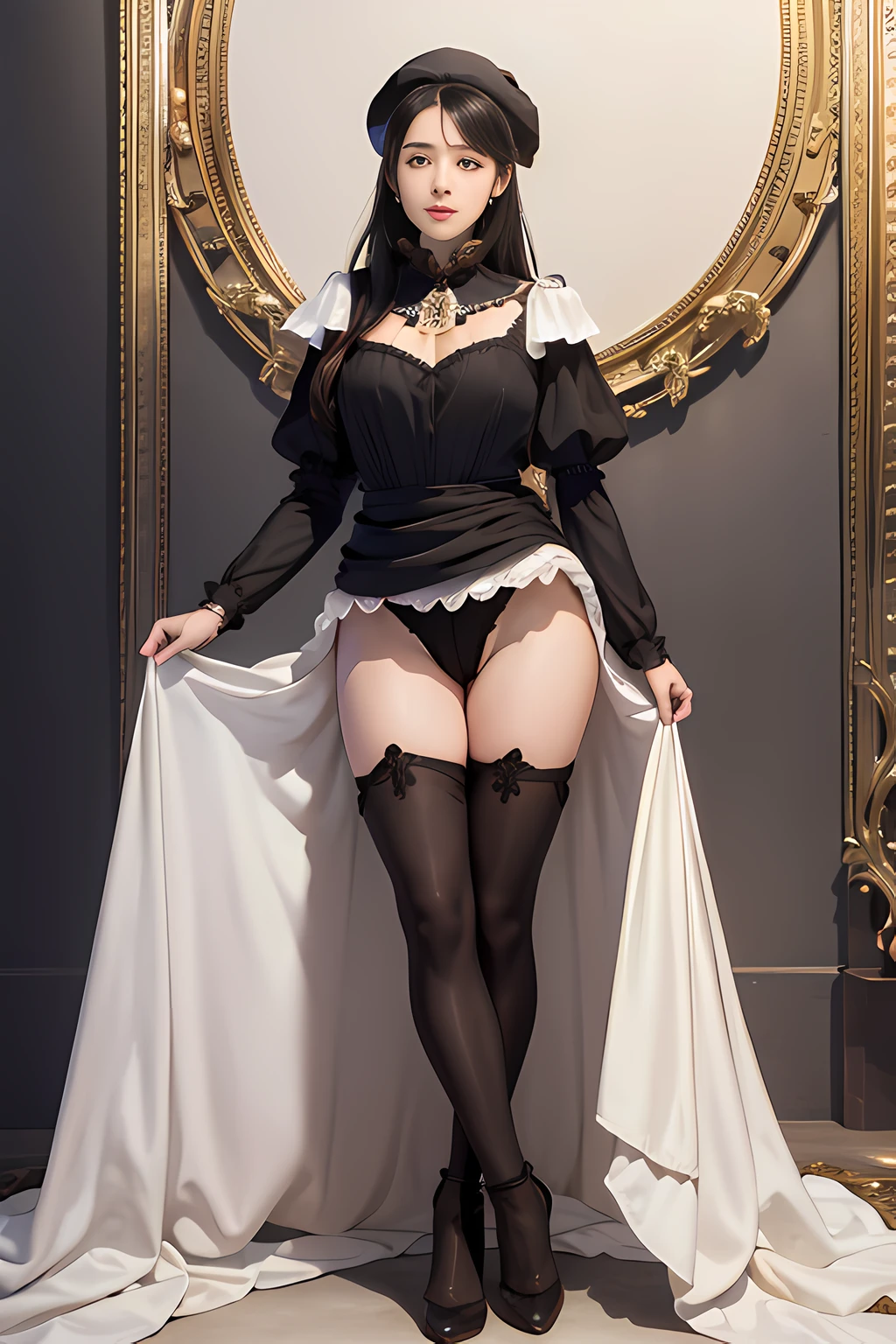 masterpiece, best quality, realistic, photorealistic, masterpiece, absurdres, incredibly absurdres, extremely detailed, best quality, mcostume, hat, kneehighs, full body, 1girl, solo, black hair, light smile, looking at viewer, detailed background, standing, classical european town, night, dramatic lighting, (dress lift:1.3), (thong:1.1),